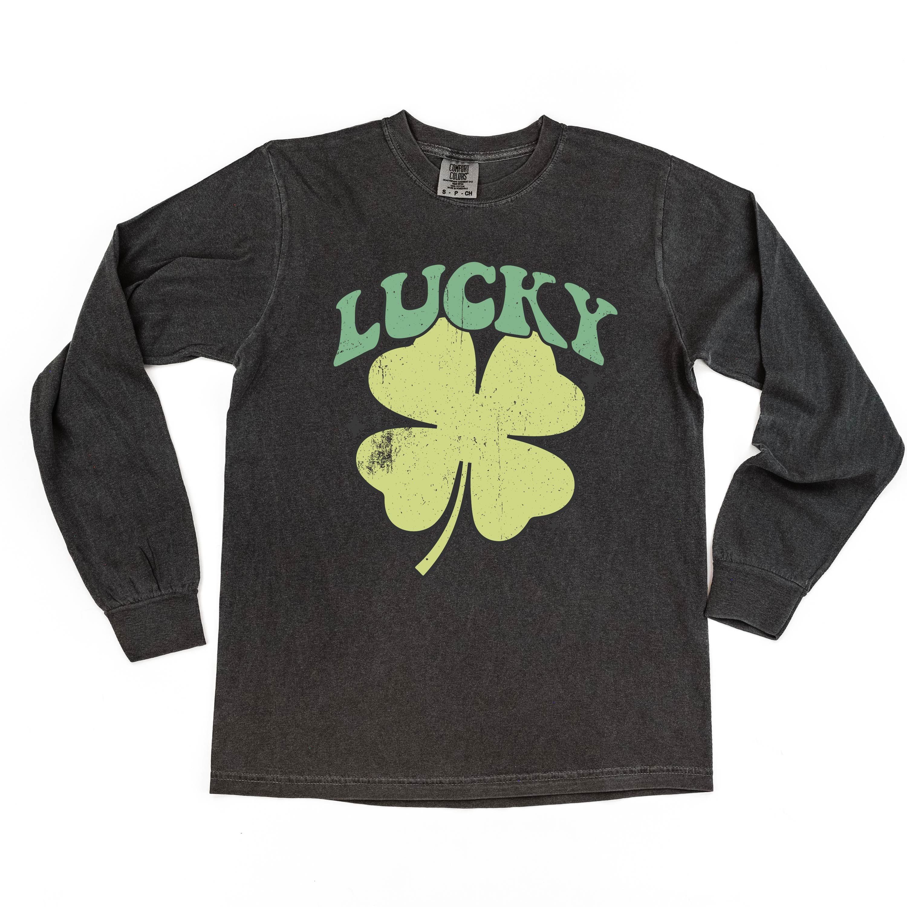 Green Oversized Lucky Shamrock - Long Sleeve Comfort Colors Tee Little Mama Shirt Shop