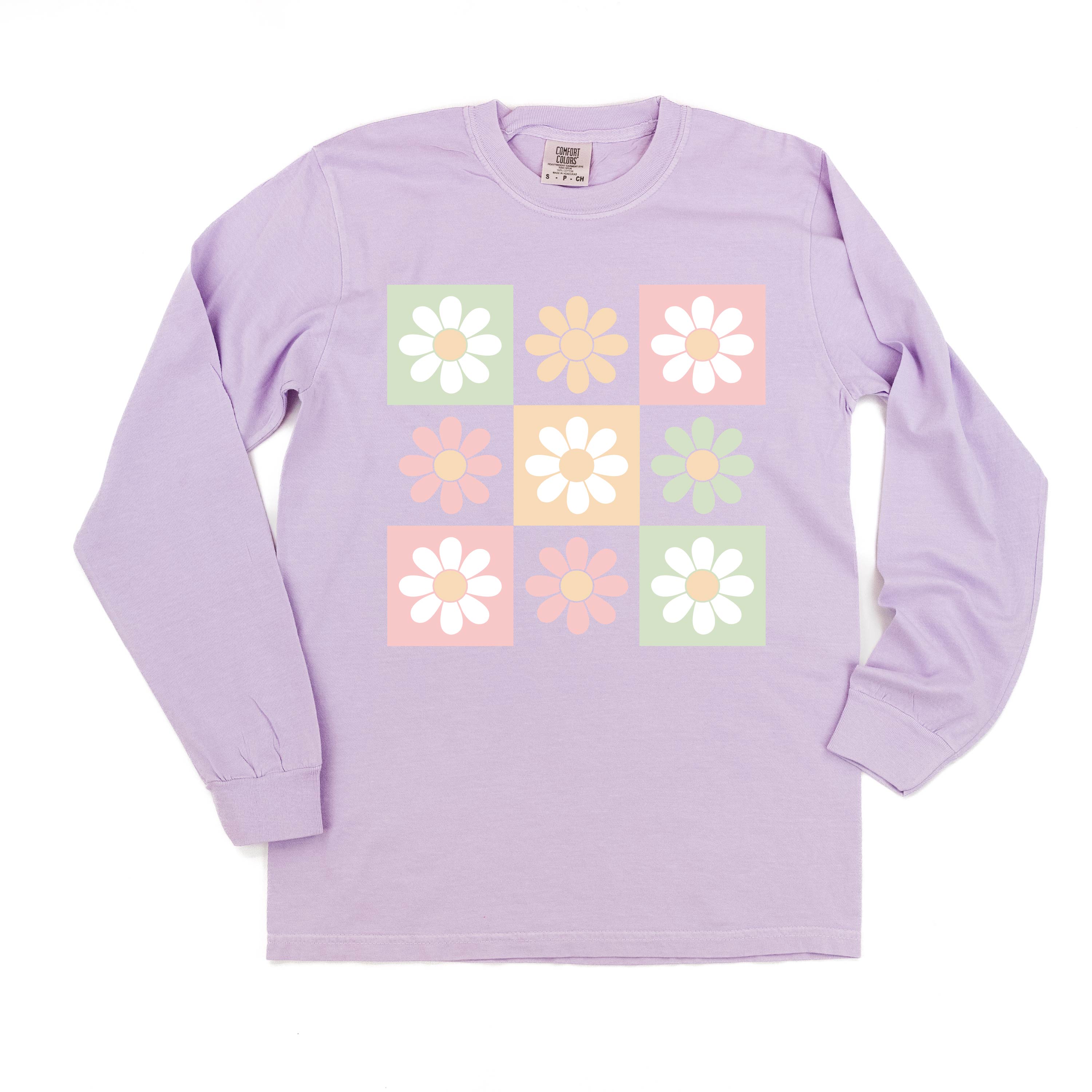 3x3 Checker Board Flowers - Long Sleeve Comfort Colors Tee Little Mama Shirt Shop
