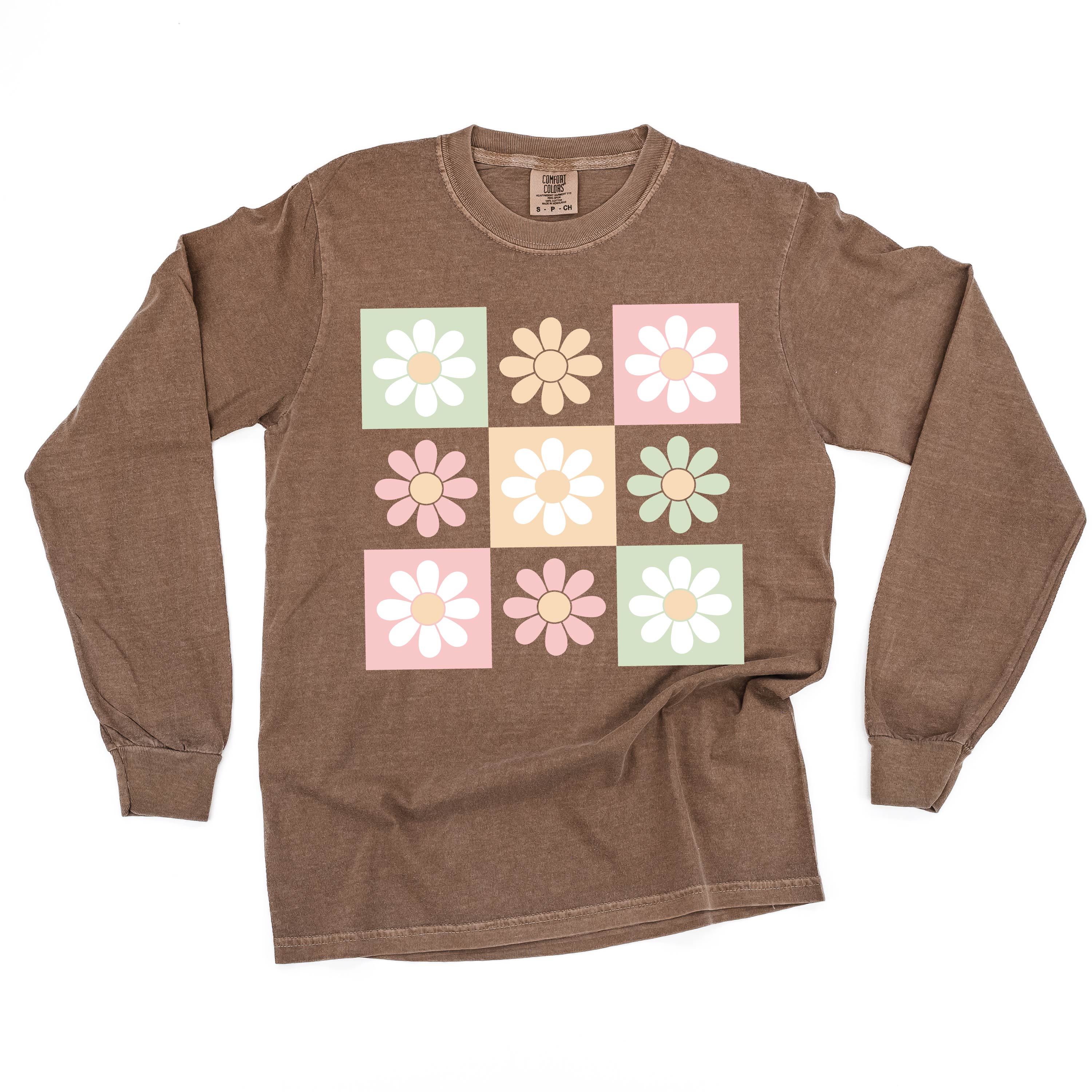 3x3 Checker Board Flowers - Long Sleeve Comfort Colors Tee Little Mama Shirt Shop