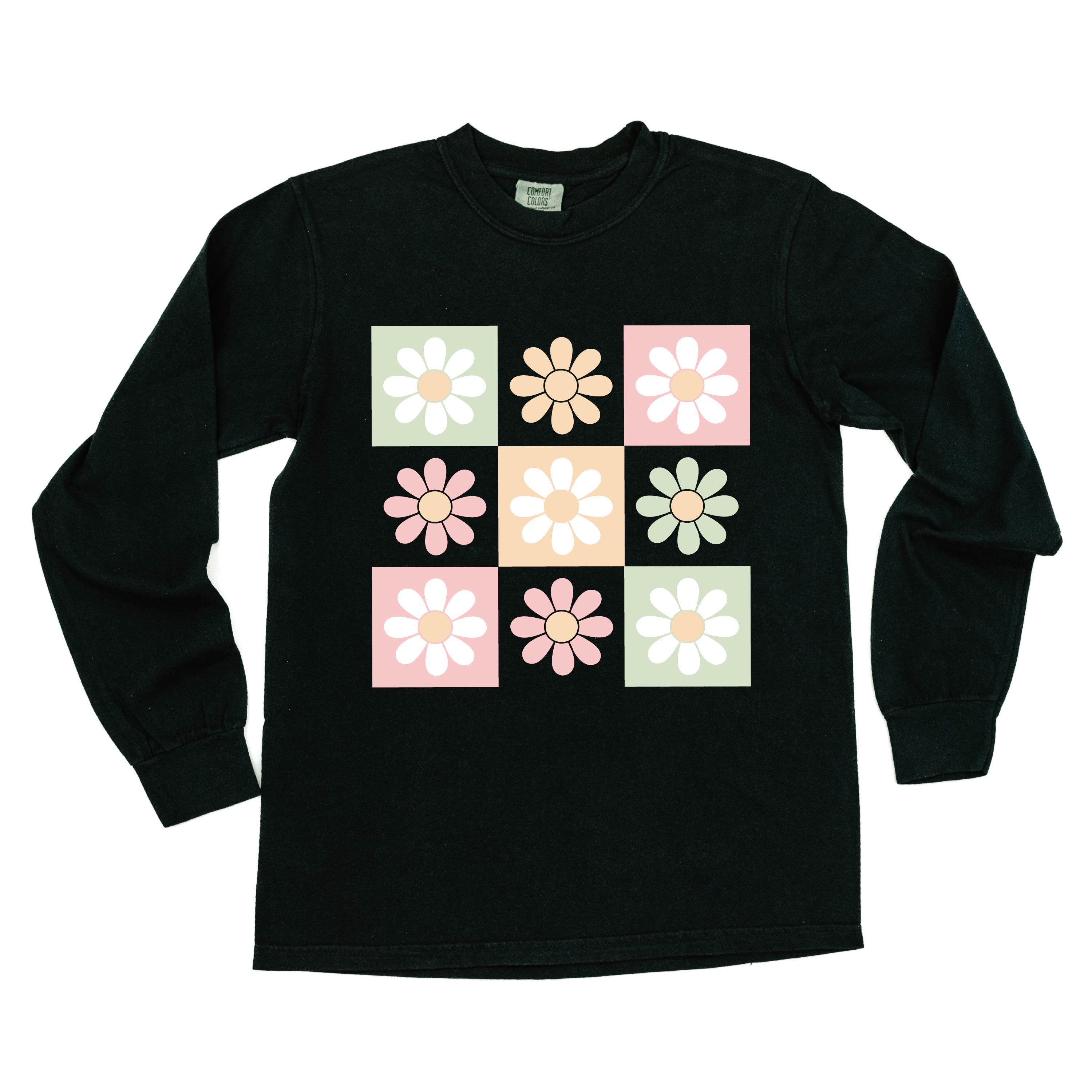 3x3 Checker Board Flowers - Long Sleeve Comfort Colors Tee Little Mama Shirt Shop