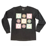 3x3 Checker Board Flowers - Long Sleeve Comfort Colors Tee Little Mama Shirt Shop