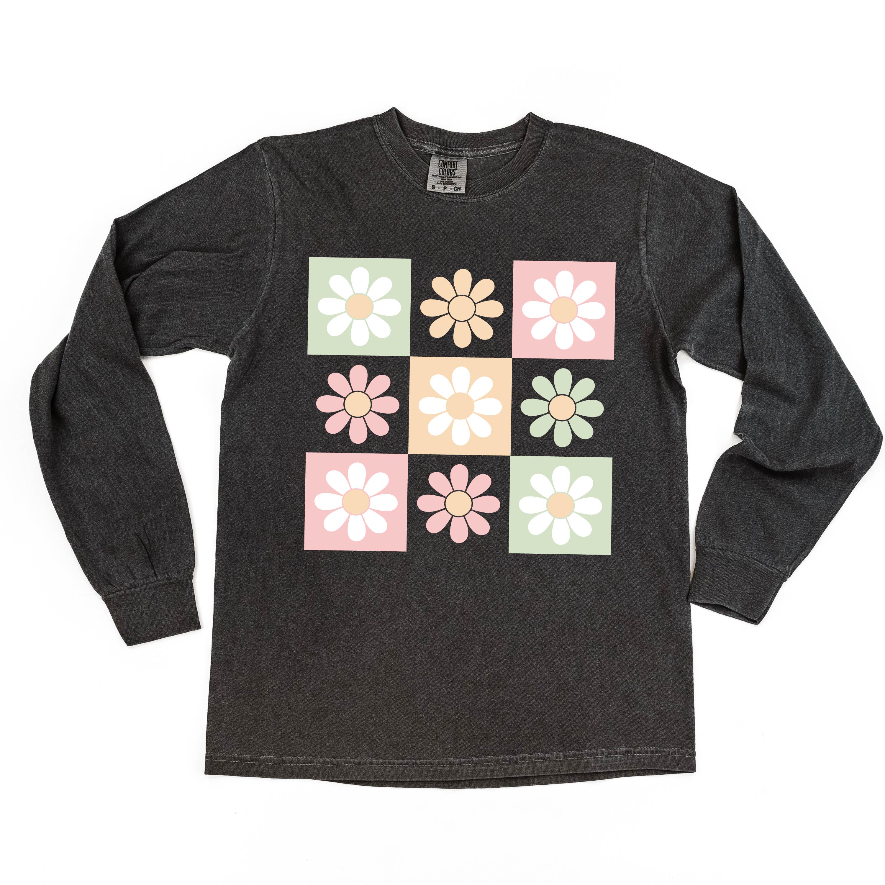 3x3 Checker Board Flowers - Long Sleeve Comfort Colors Tee Little Mama Shirt Shop