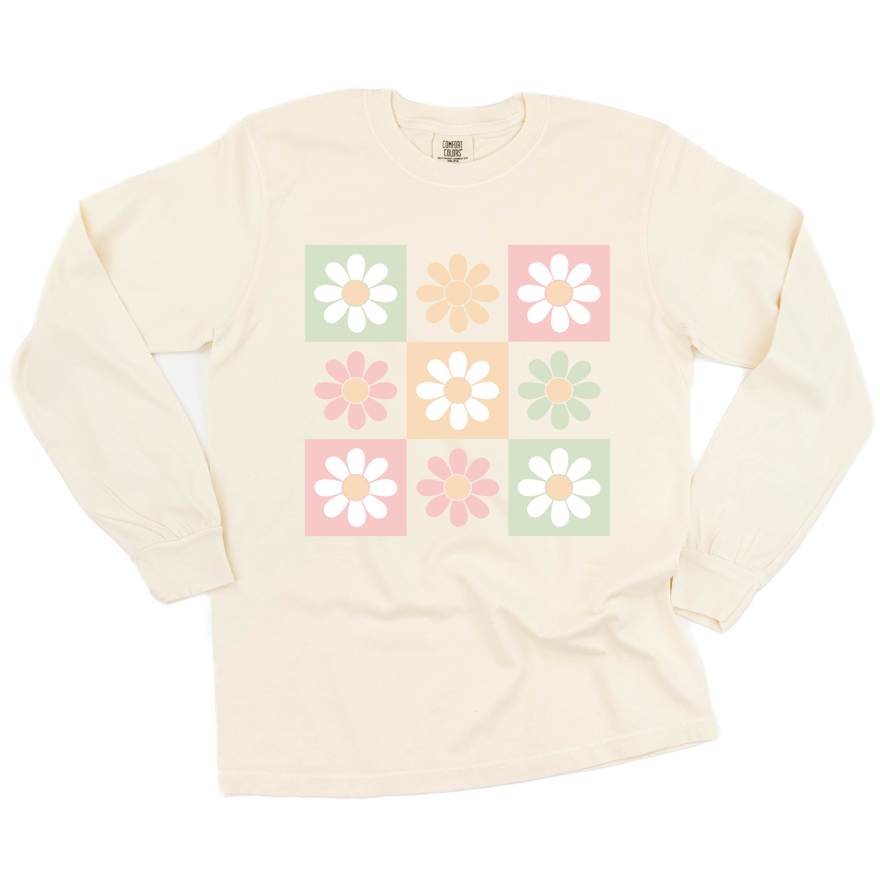 3x3 Checker Board Flowers - Long Sleeve Comfort Colors Tee Little Mama Shirt Shop