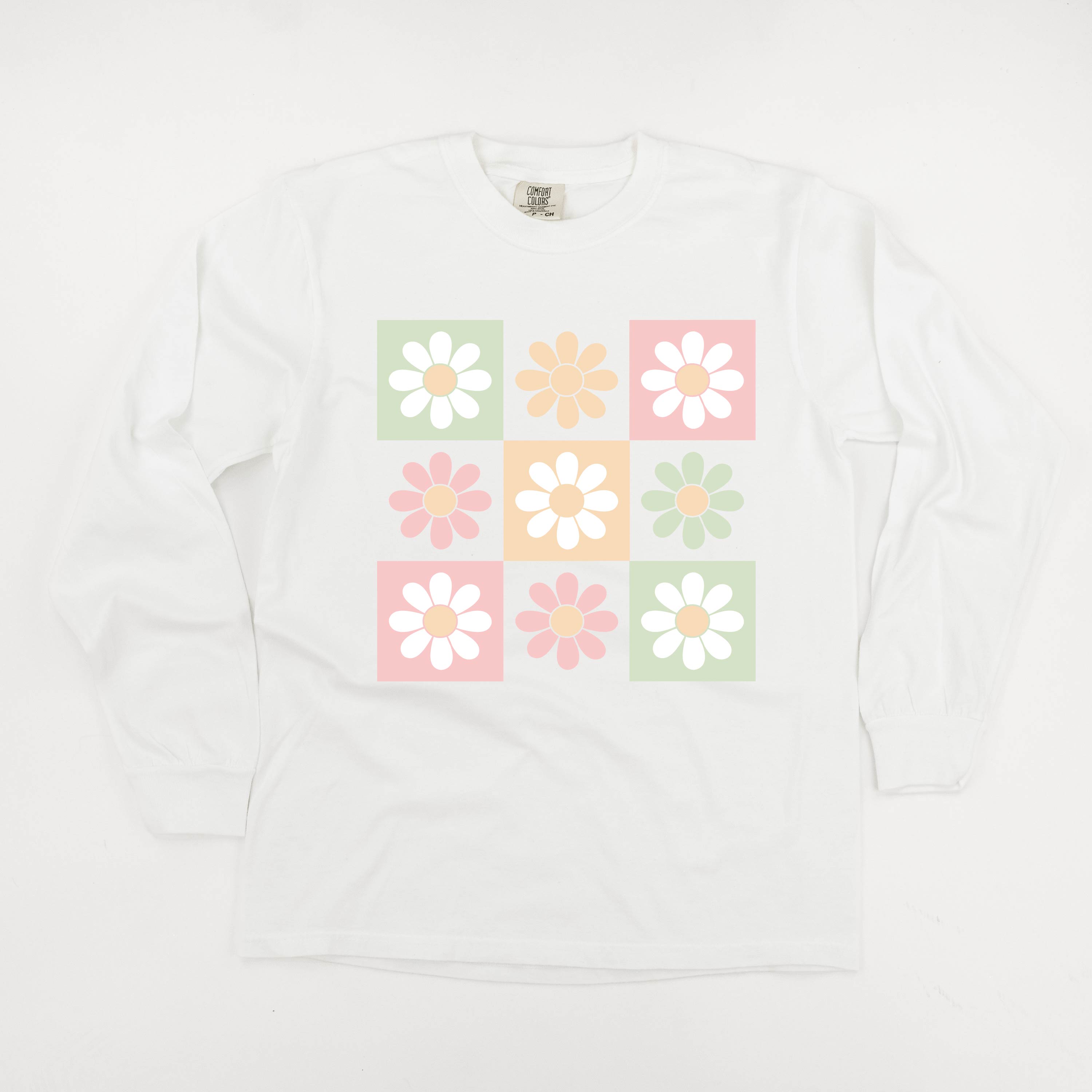 3x3 Checker Board Flowers - Long Sleeve Comfort Colors Tee Little Mama Shirt Shop