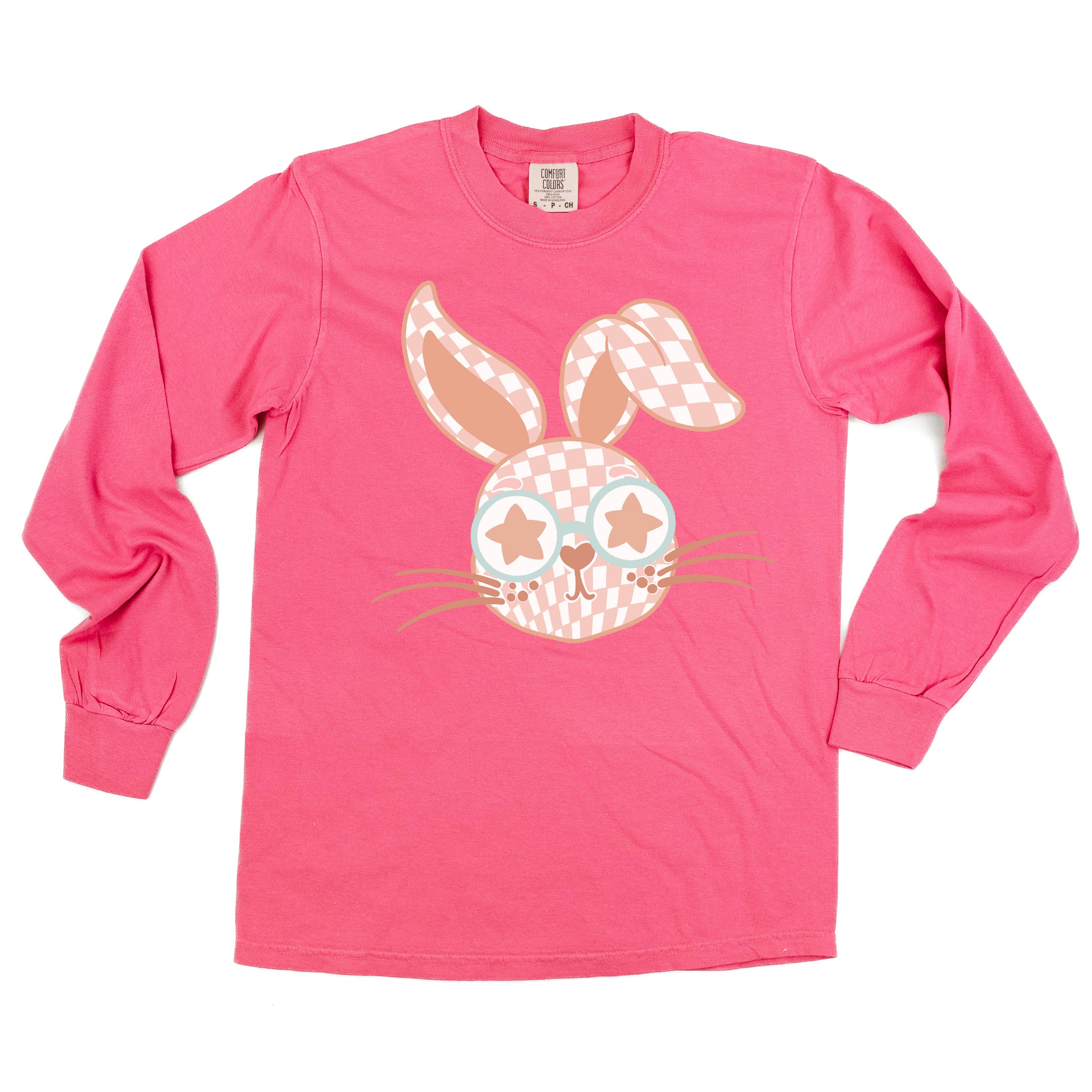 Pink Checkered Bunny - LONG SLEEVE Comfort Colors Tee Little Mama Shirt Shop