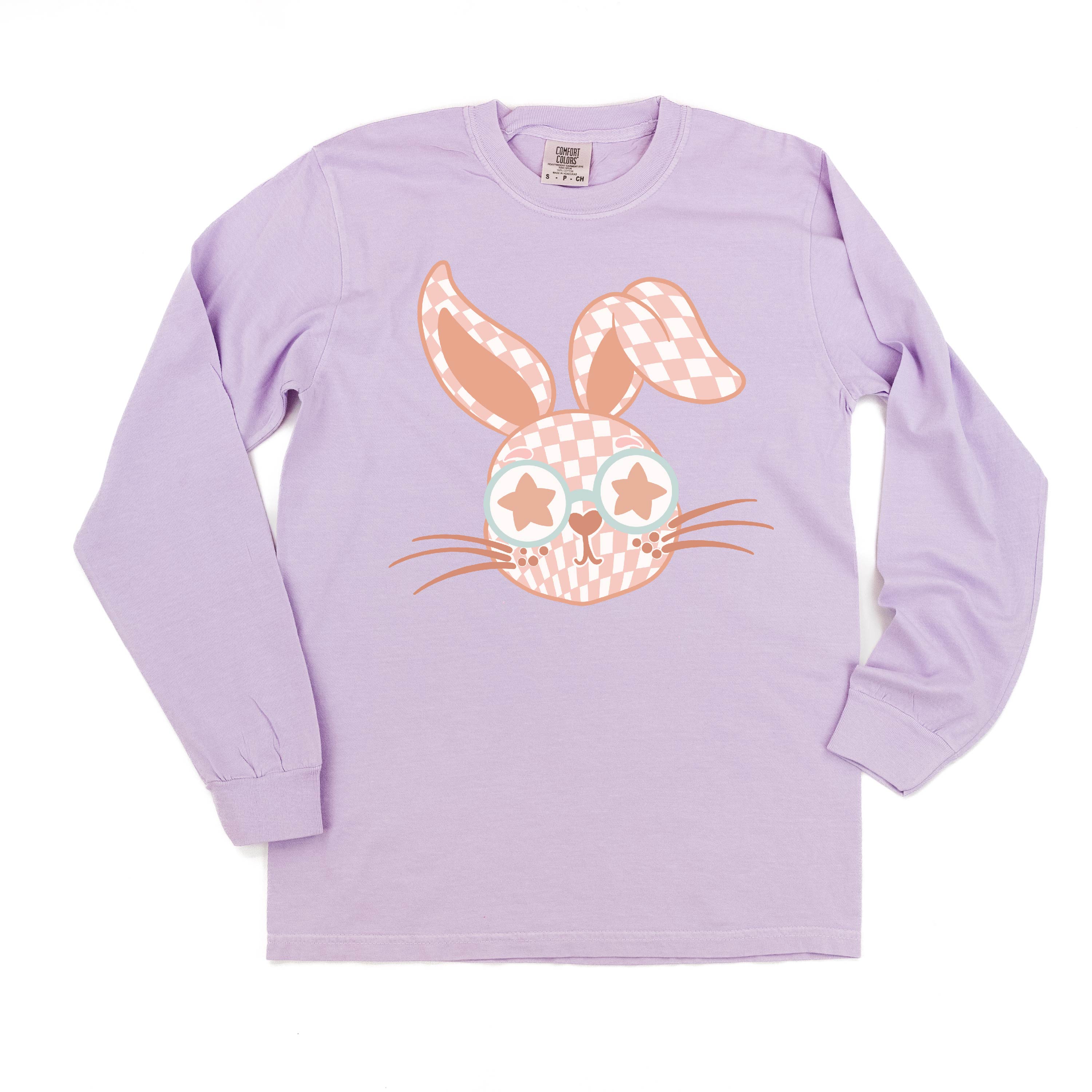 Pink Checkered Bunny - LONG SLEEVE Comfort Colors Tee Little Mama Shirt Shop