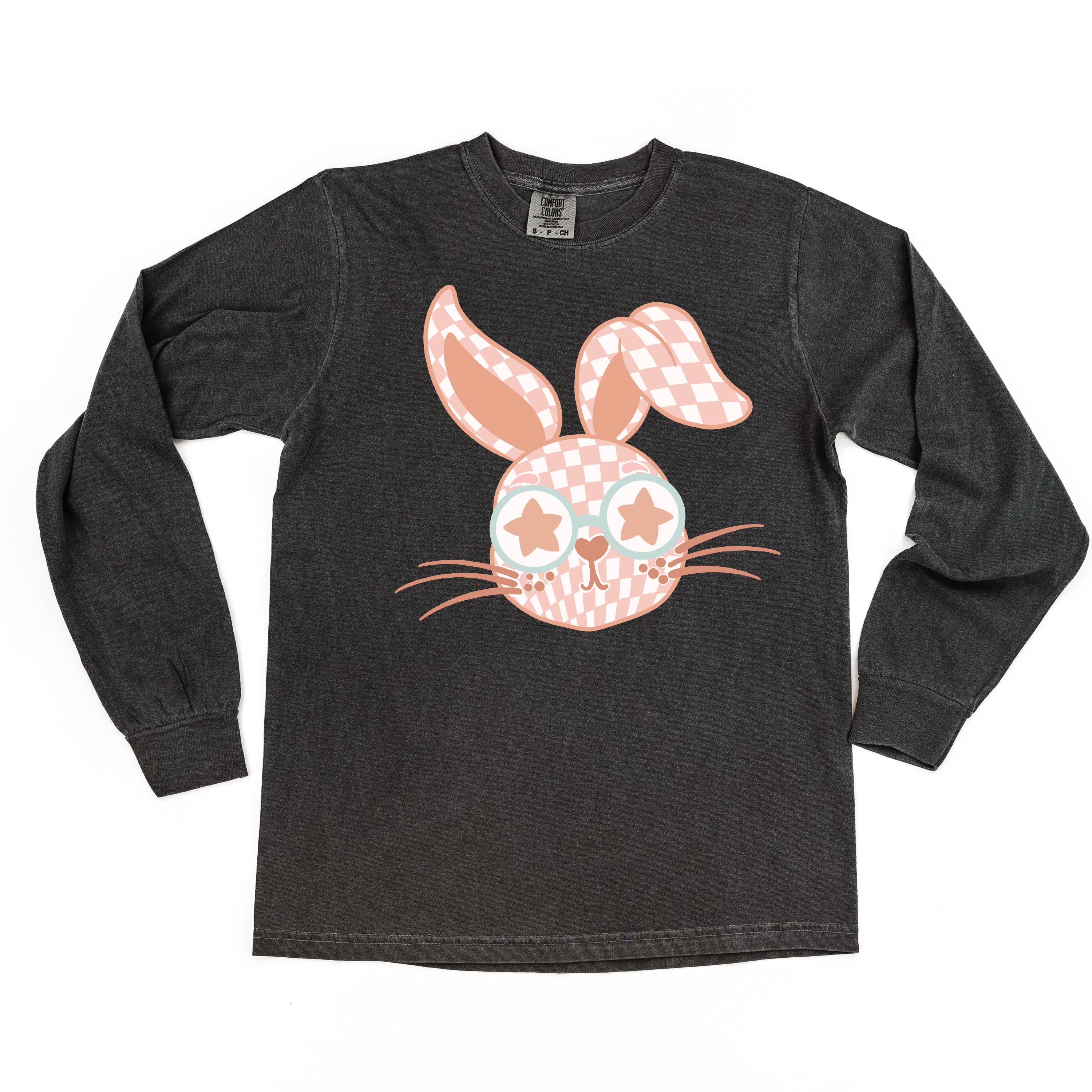Pink Checkered Bunny - LONG SLEEVE Comfort Colors Tee Little Mama Shirt Shop