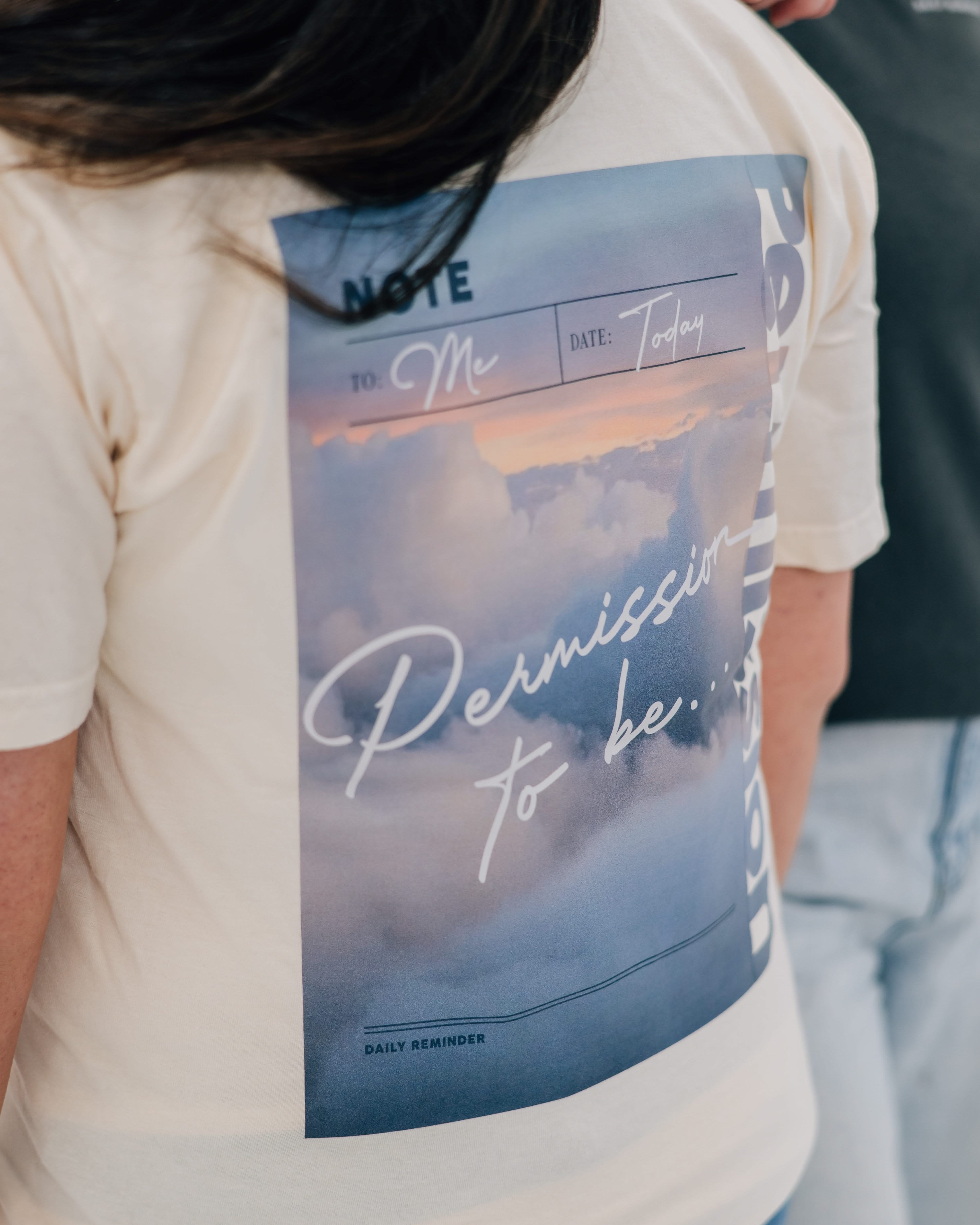 Ivory comfort colors tee with permission to be cloud graphic on back, seen on model - Little Mama Shirt Shop