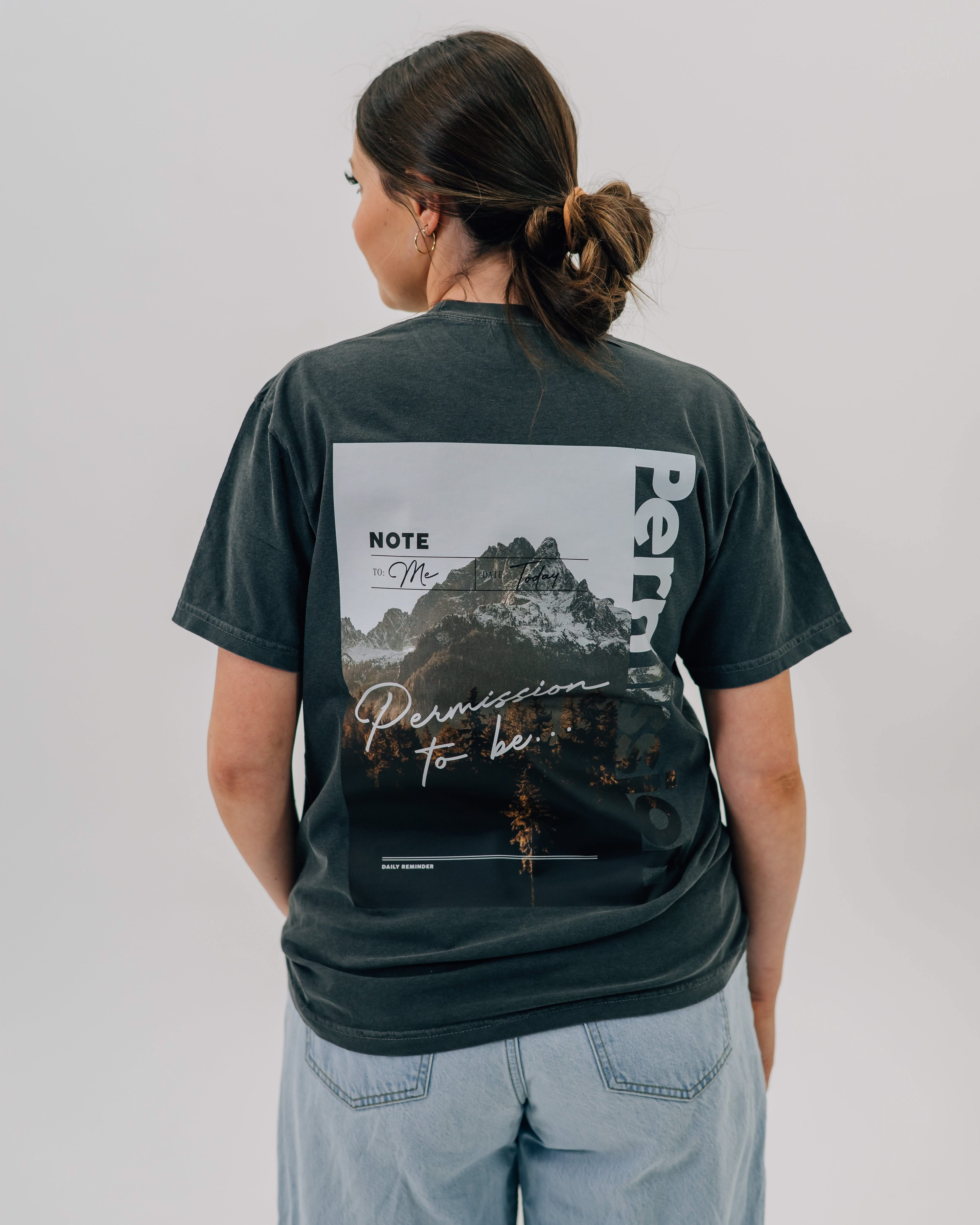 Pepper comfort colors tee with permission to be mountain graphic on back, seen on model - Little Mama Shirt Shop