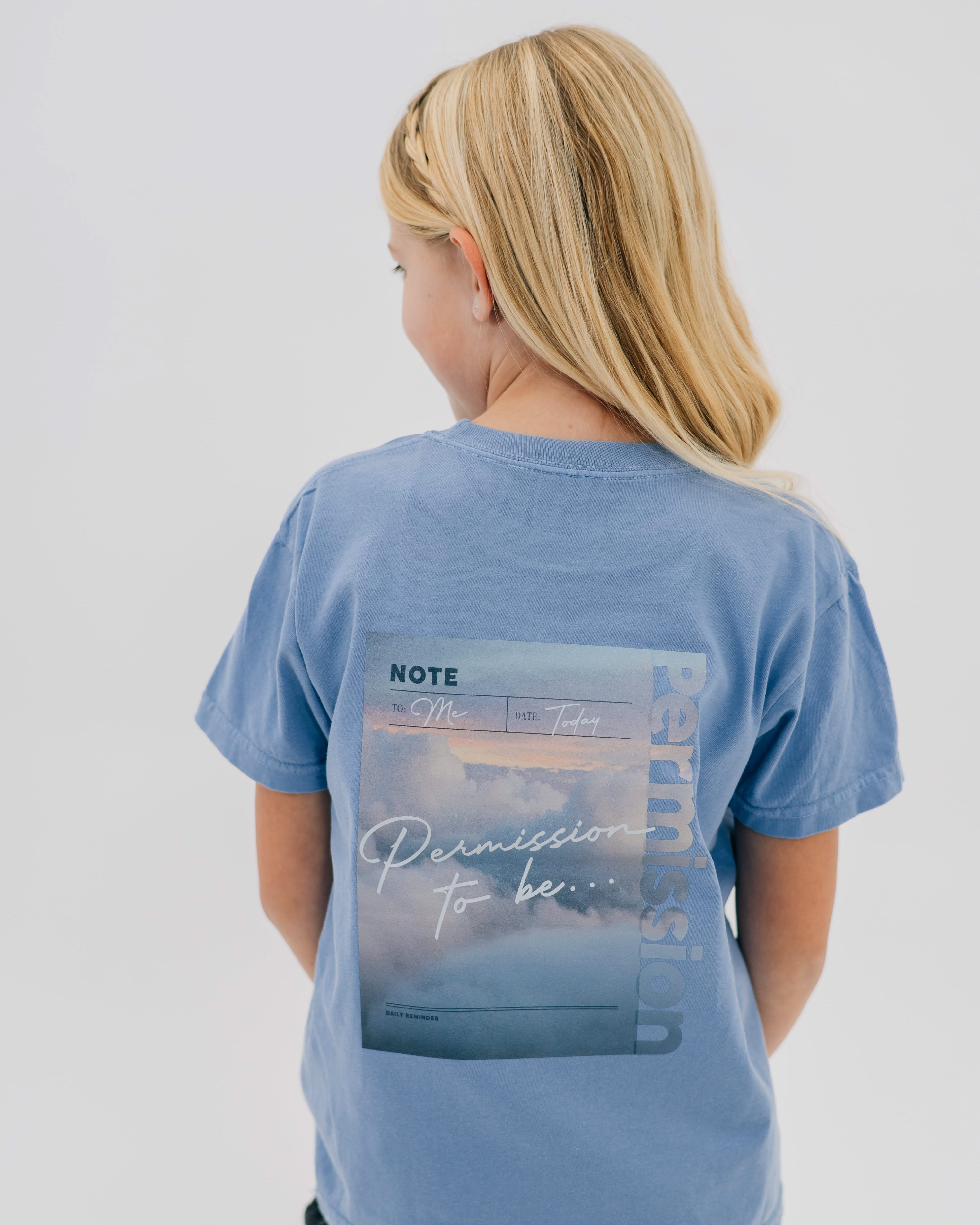 Washed denim comfort colors tee with permission to be cloud graphic on back, seen on model - Little Mama Shirt Shop