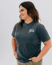 Adult tee in pepper with "girl gang" design on front chest, shown on model - Little Mama Shirt Shop