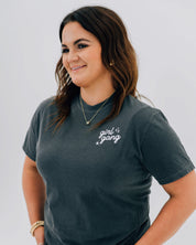 Adult tee in pepper with "girl gang" design on front chest, shown on model - Little Mama Shirt Shop