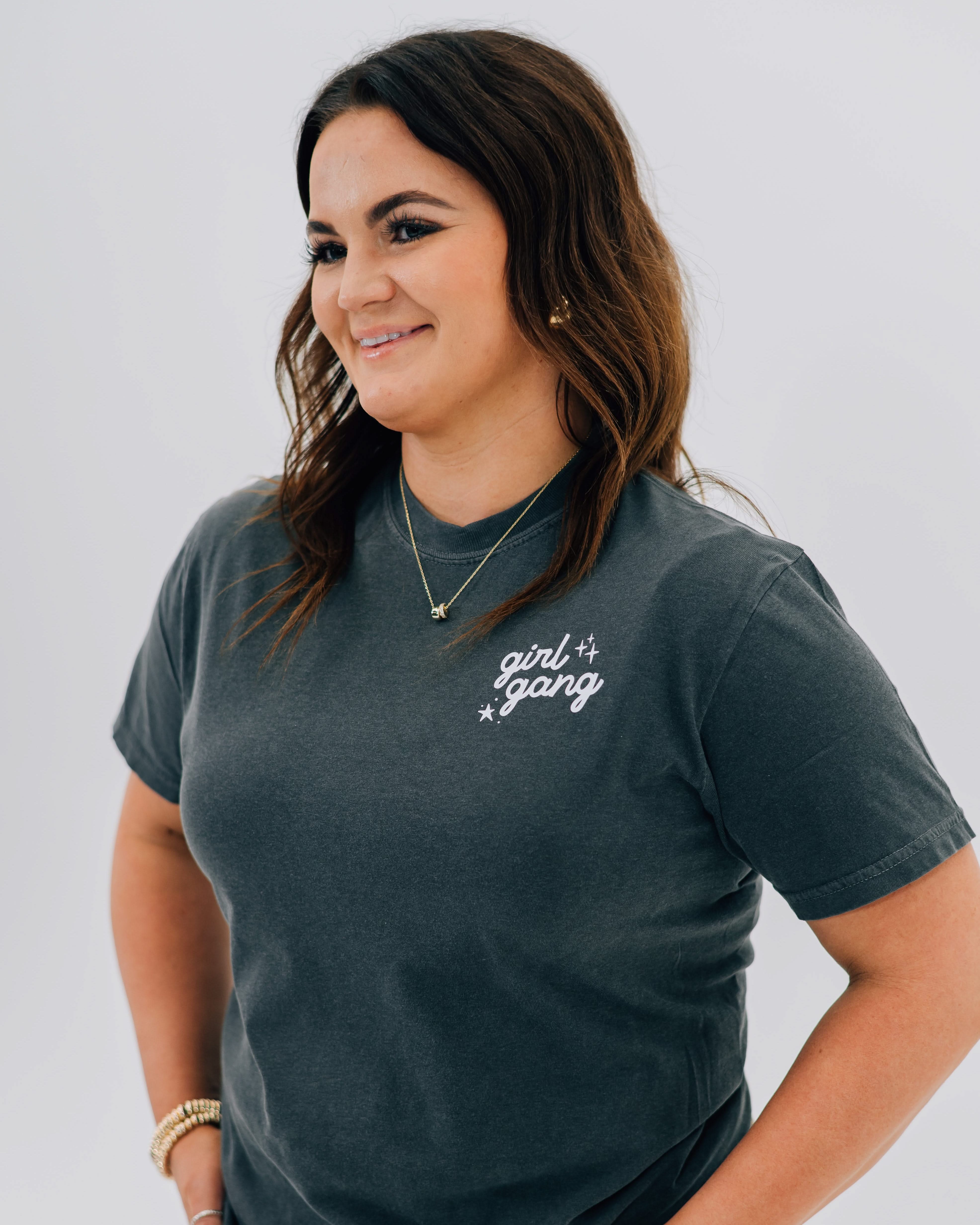 Adult tee in pepper with "girl gang" design on front chest, shown on model - Little Mama Shirt Shop