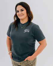 Adult tee in pepper with "girl gang" design on front chest, shown on model - Little Mama Shirt Shop