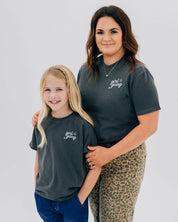 Adult and child tees in pepper with "girl gang" design on front chest, shown on models - Little Mama Shirt Shop