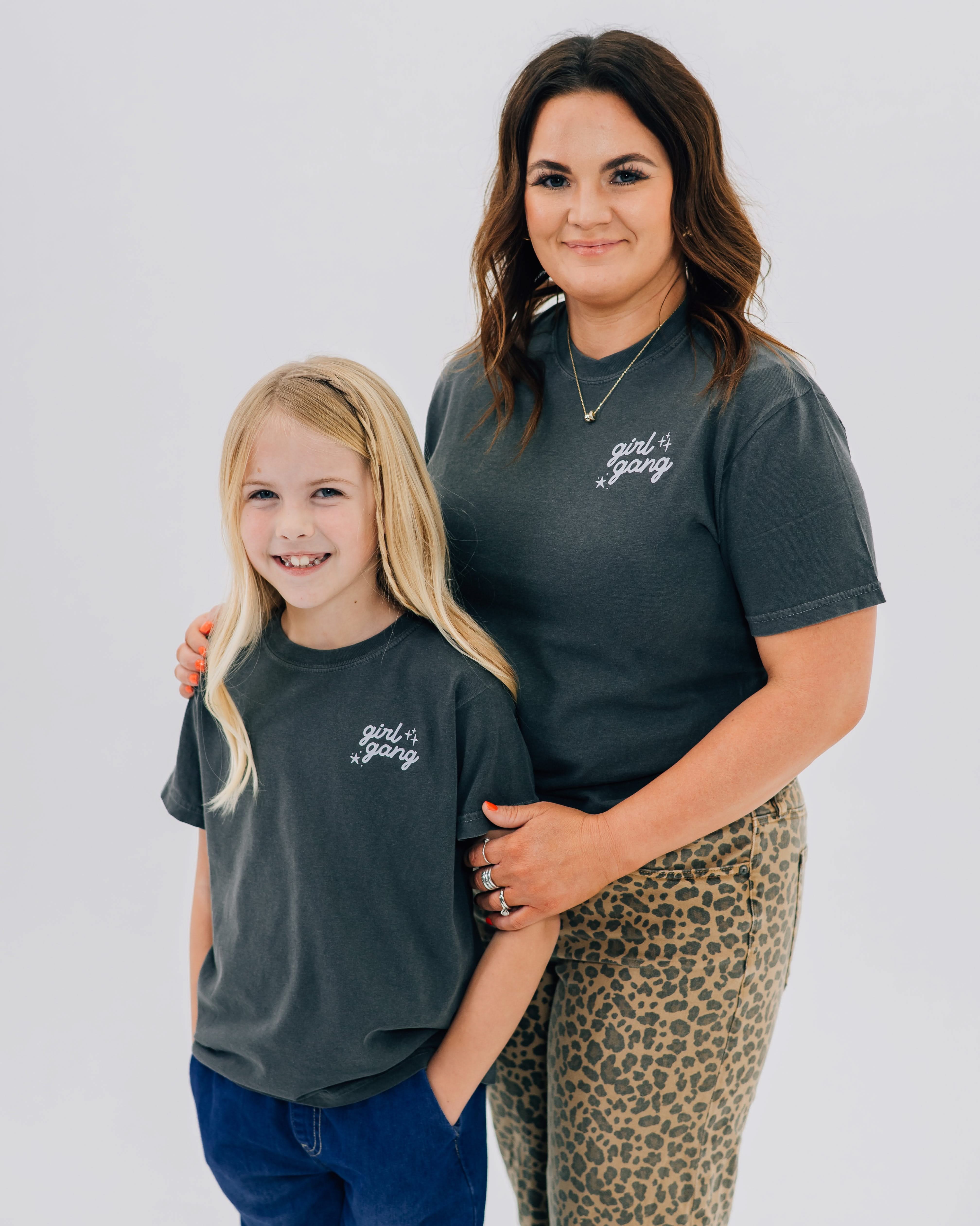 Adult and child tees in pepper with "girl gang" design on front chest, shown on models - Little Mama Shirt Shop
