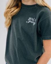 Child tee in pepper with "girl gang" design on front chest, shown on model - Little Mama Shirt Shop