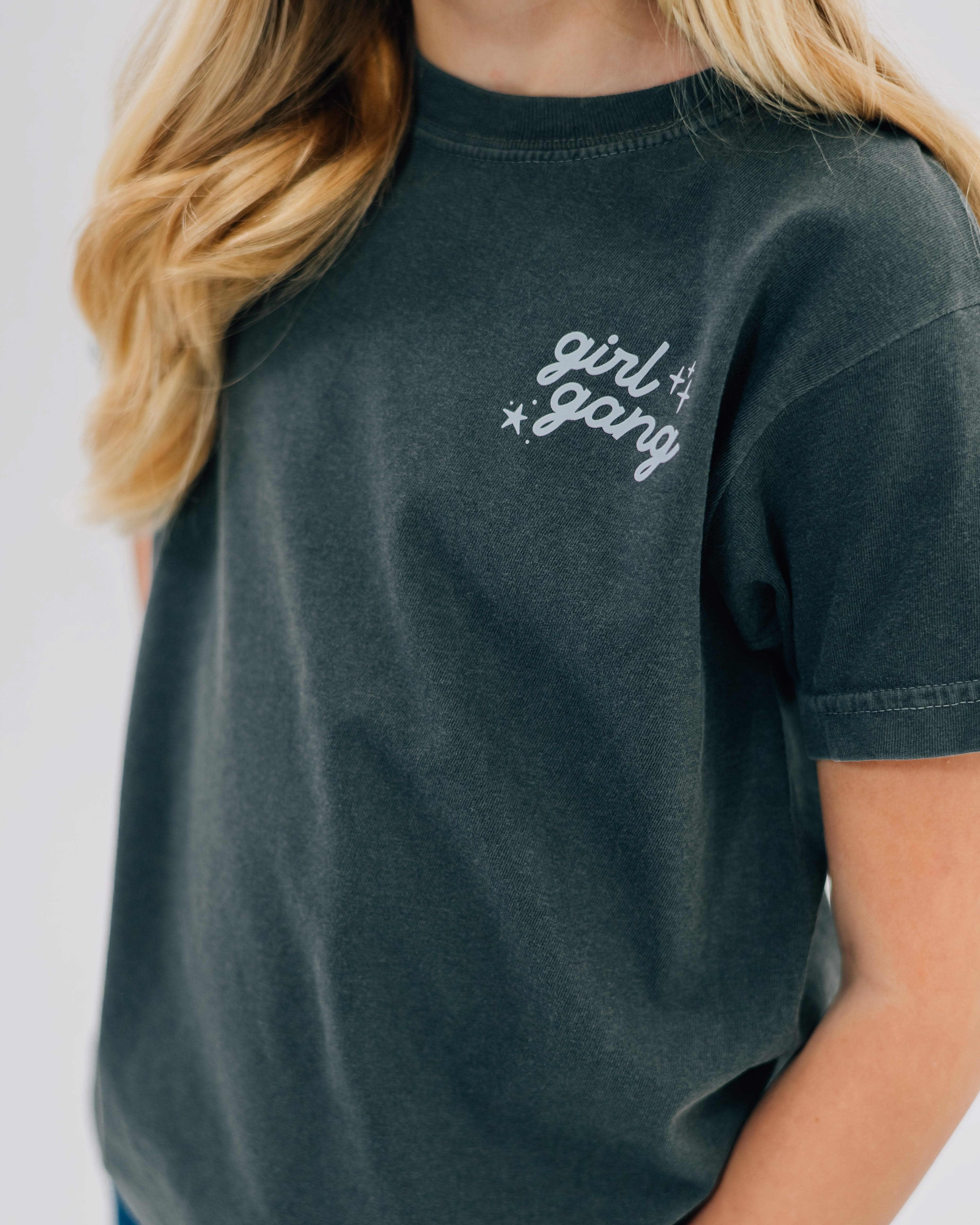 Child tee in pepper with "girl gang" design on front chest, shown on model - Little Mama Shirt Shop