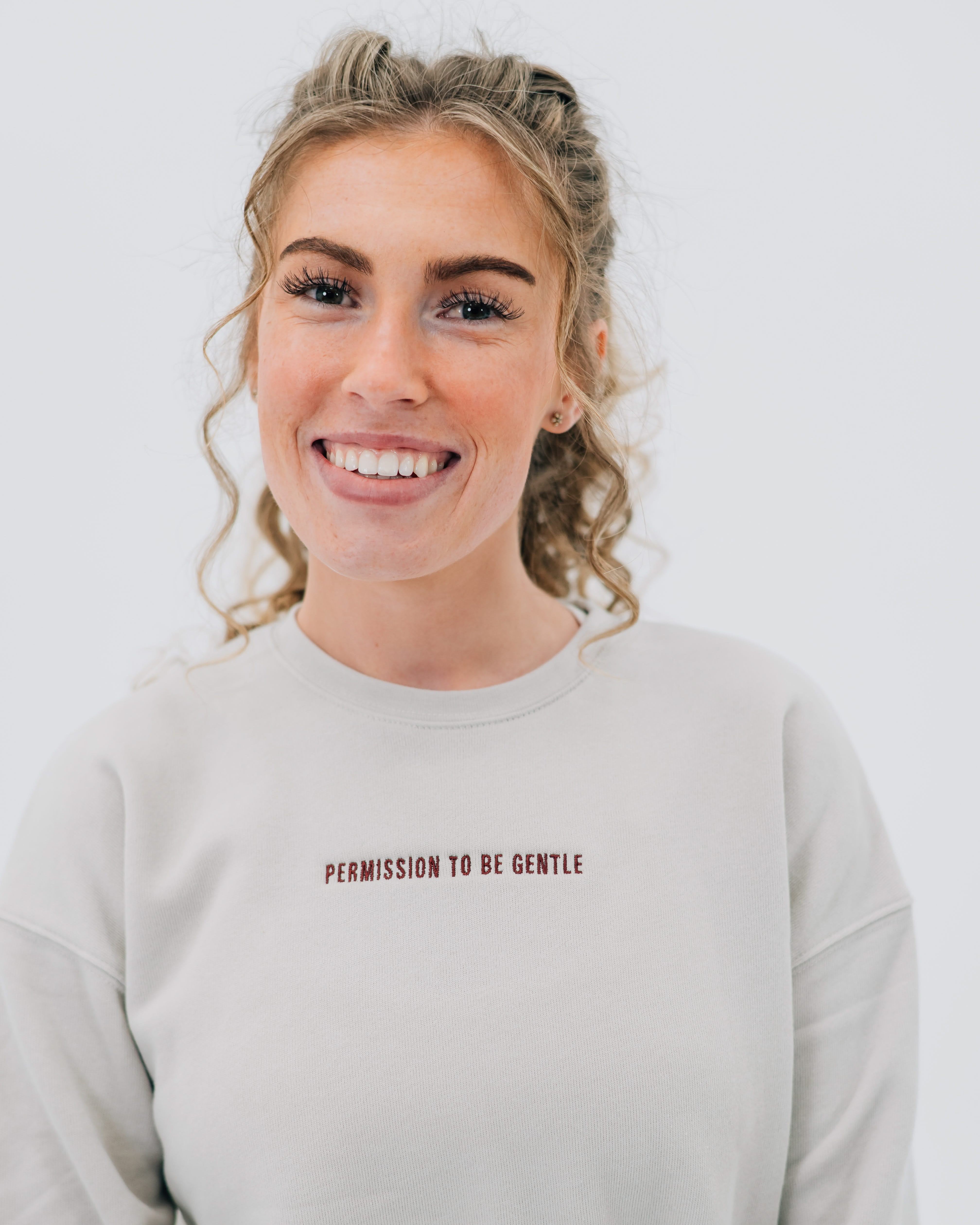 Dust crewneck with "Permission To Be Gentle" on chest, shown on model - Little Mama Shirt Shop