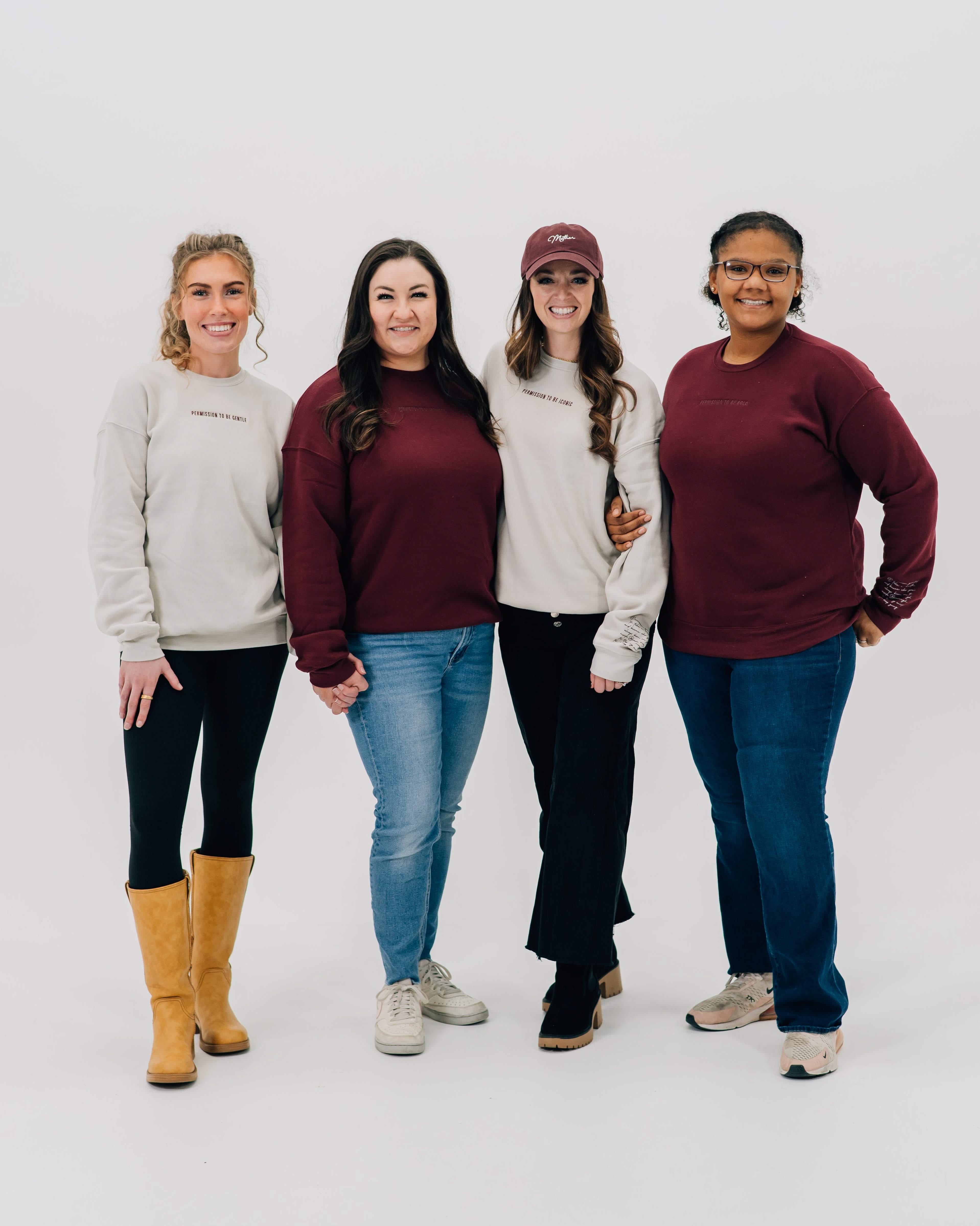 Maroon and dust crewnecks with "Permission To Be (Choose Your Word)" on chest and permission to be paragraph on sleeve, shown on models - Little Mama Shirt Shop
