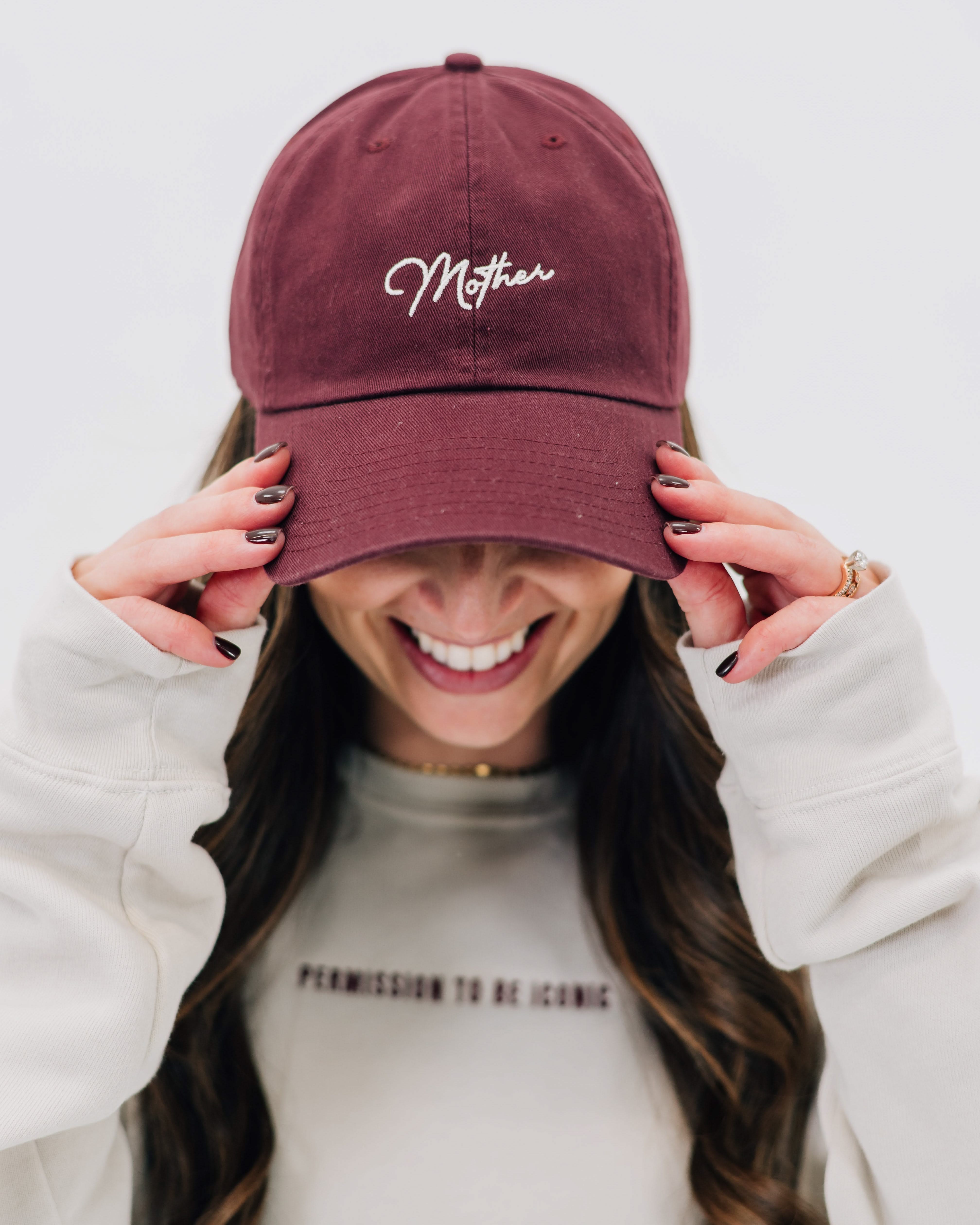 Maroon hat with cream embroidery "Mother", seen on model - Little Mama Shirt Shop
