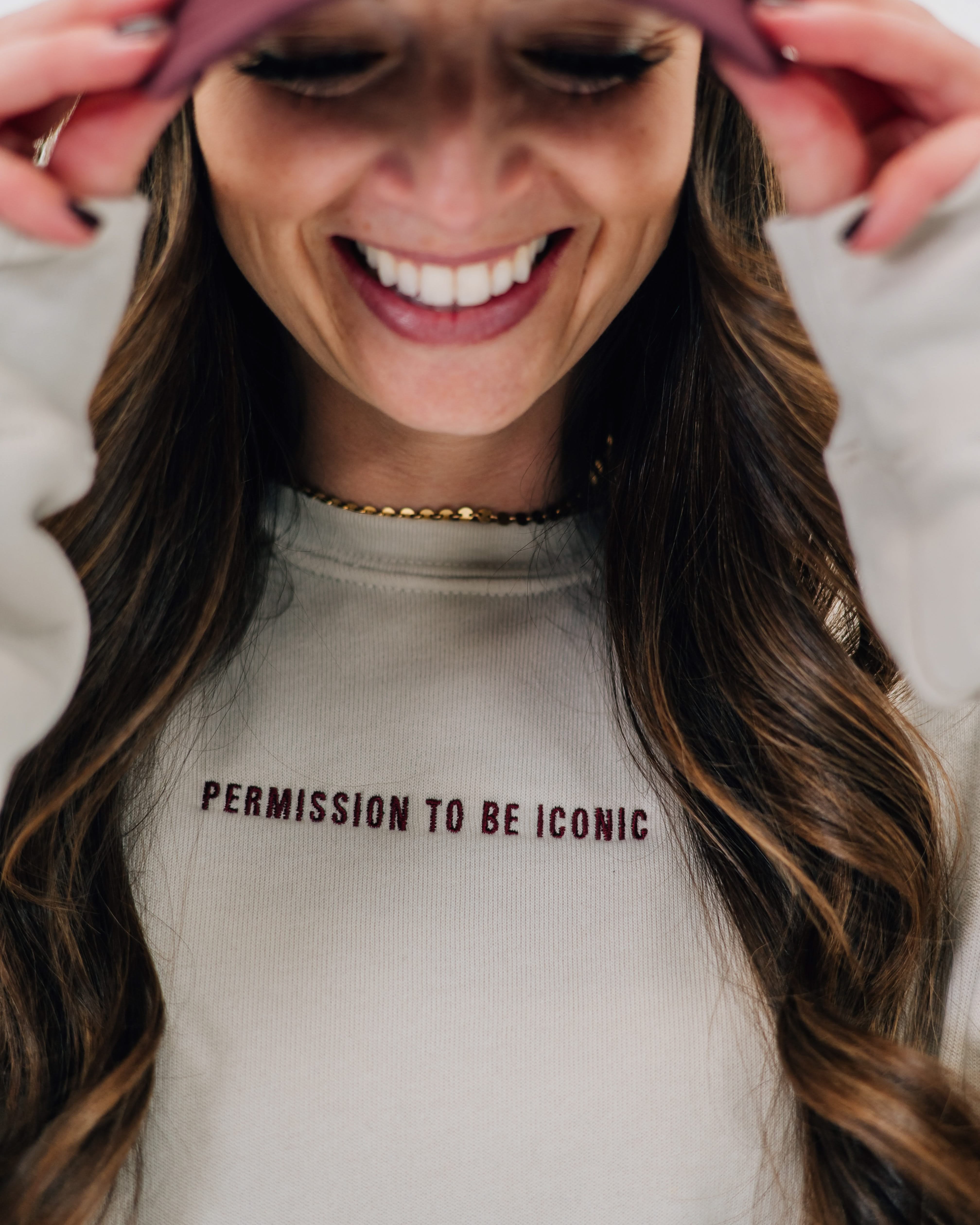 Dust crewneck with "Permission To Be Iconic" on chest, shown on model - Little Mama Shirt Shop