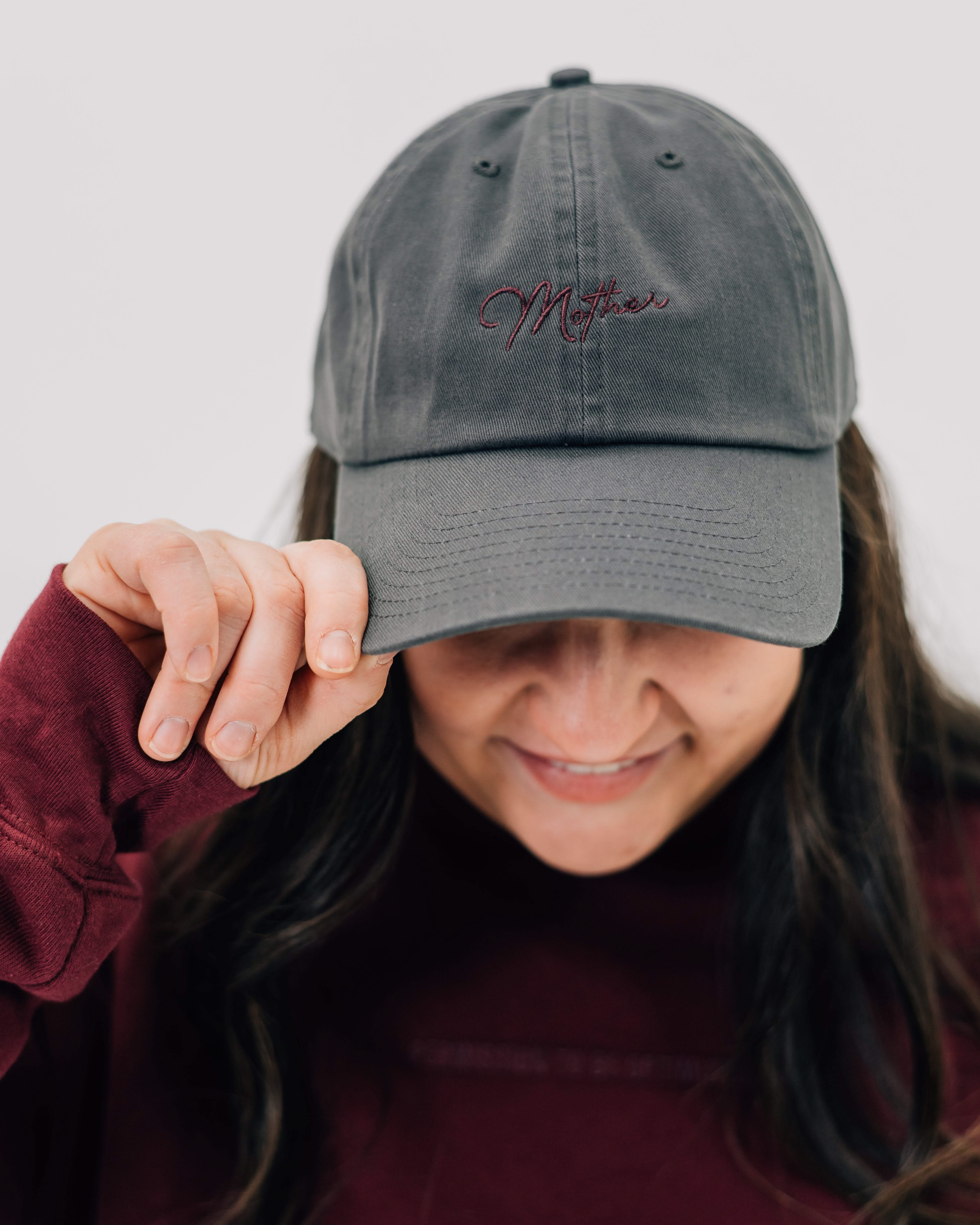 Gray hat with maroon with cream embroidery "Mother", seen on model - Little Mama Shirt Shop