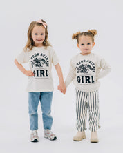 Child tee and Child sweater in natural with "Not Your Average" design on front, shown on models  – Little Mama Shirt Shop