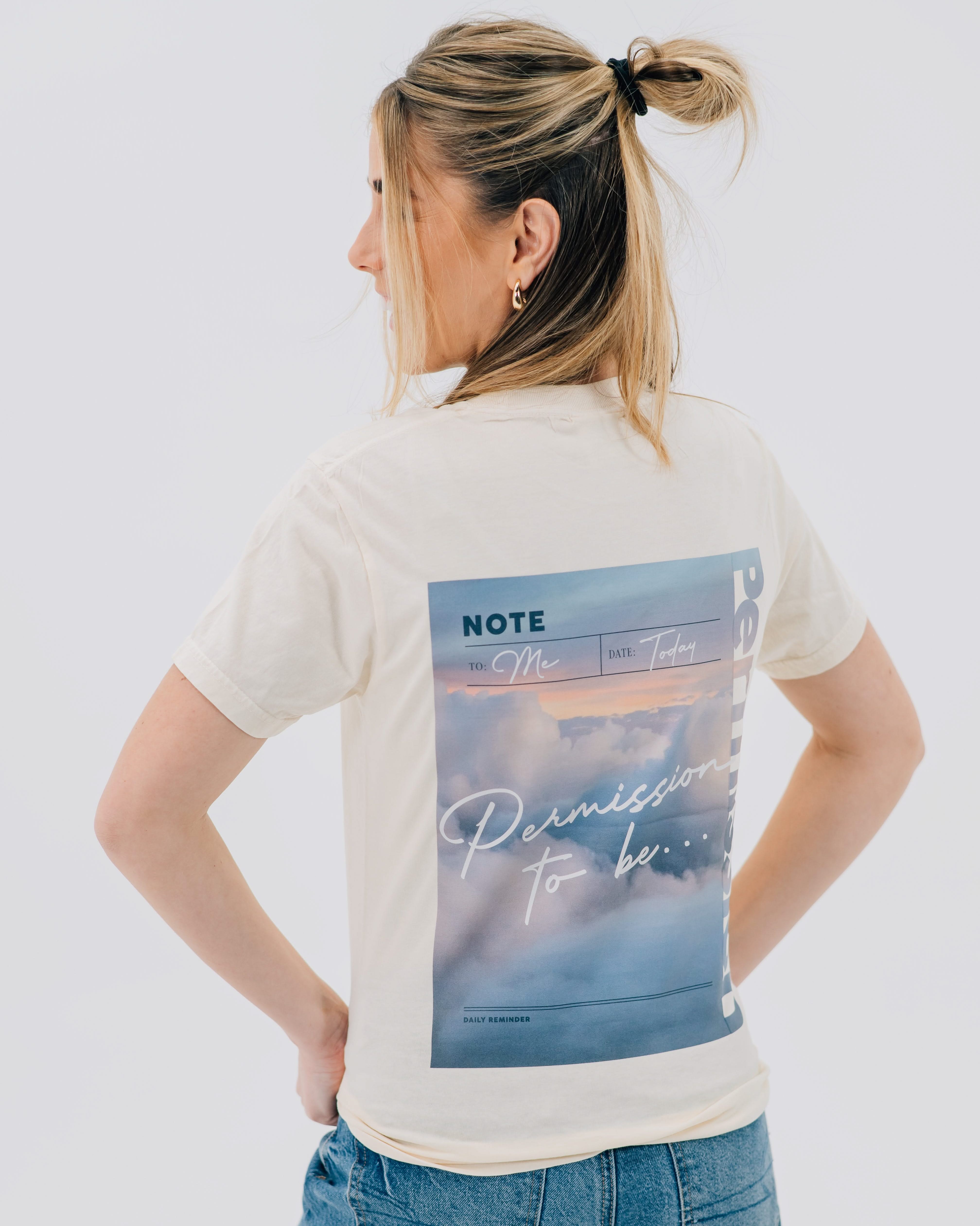 Ivory comfort colors tee with permission to be cloud graphic on back, seen on model - Little Mama Shirt Shop