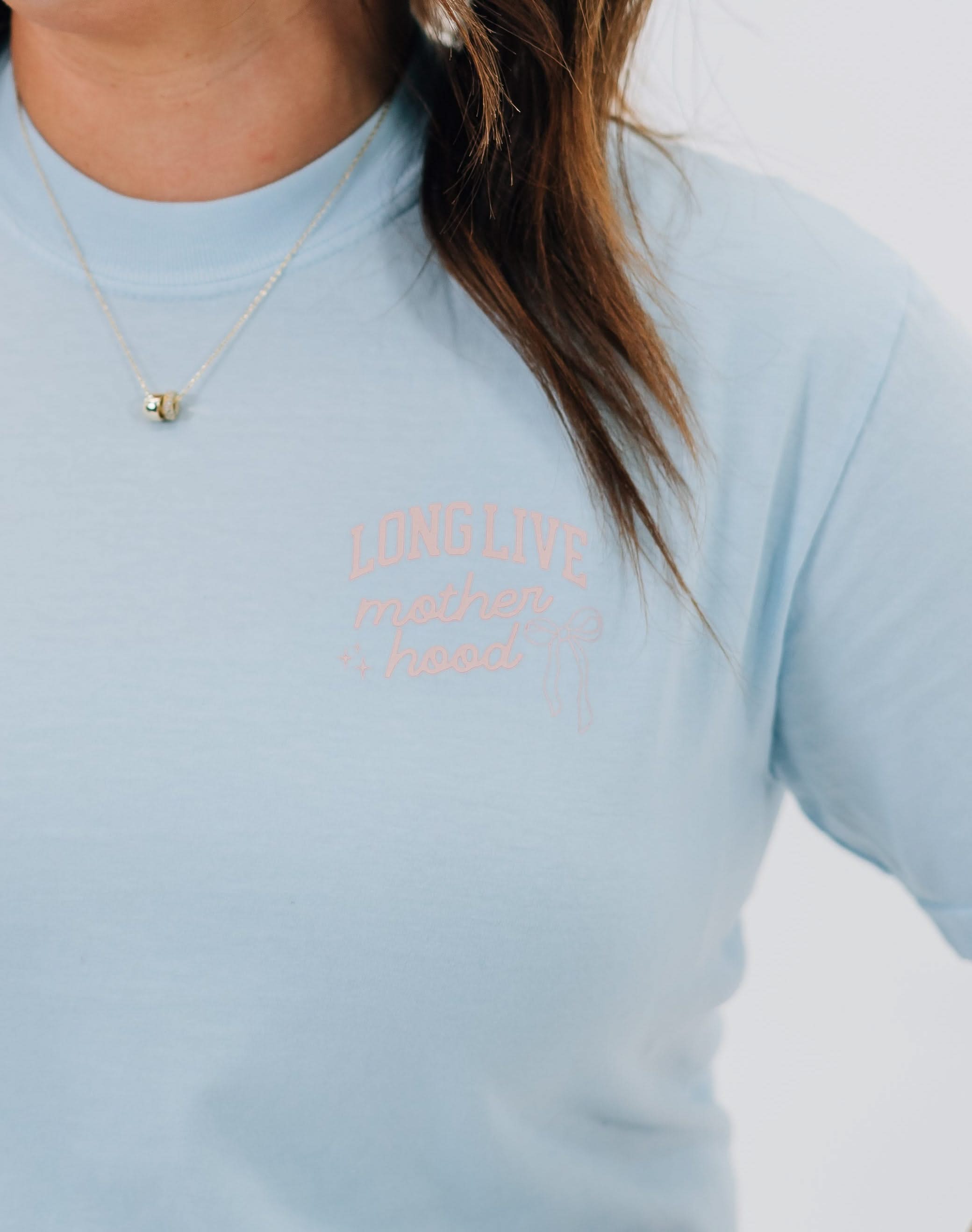 Adult tee in chambray with "long live" design on front chest, shown on model - Little Mama Shirt Shop