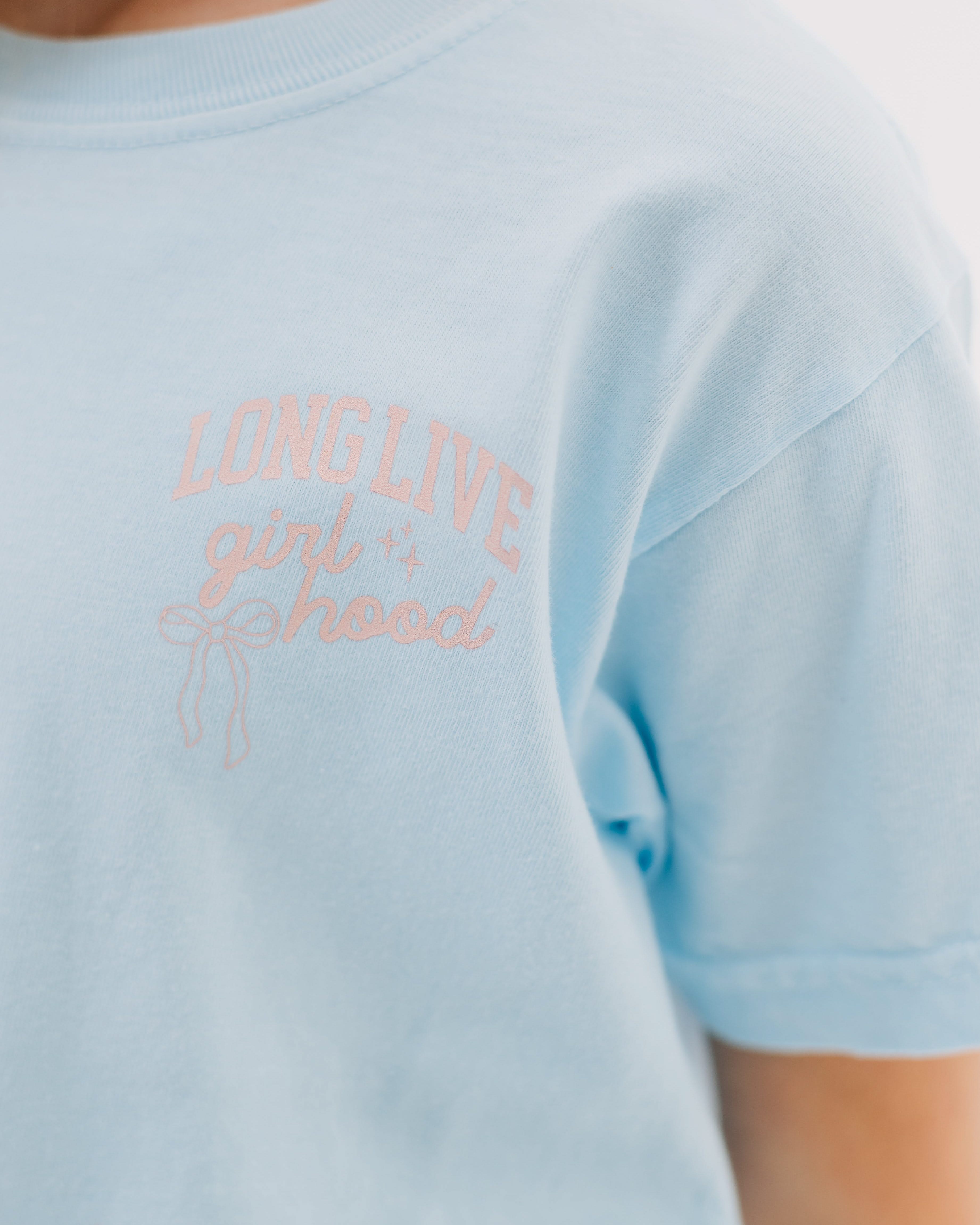 Child tee in chambray with "long live" design on front chest, shown on model - Little Mama Shirt Shop
