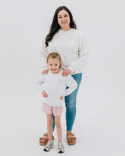 Adult and child sweater in white with "long live" design on front chest, shown on models - Little Mama Shirt Shop