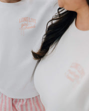 Adult and child sweater in white with "long live" design on front chest, shown on models - Little Mama Shirt Shop