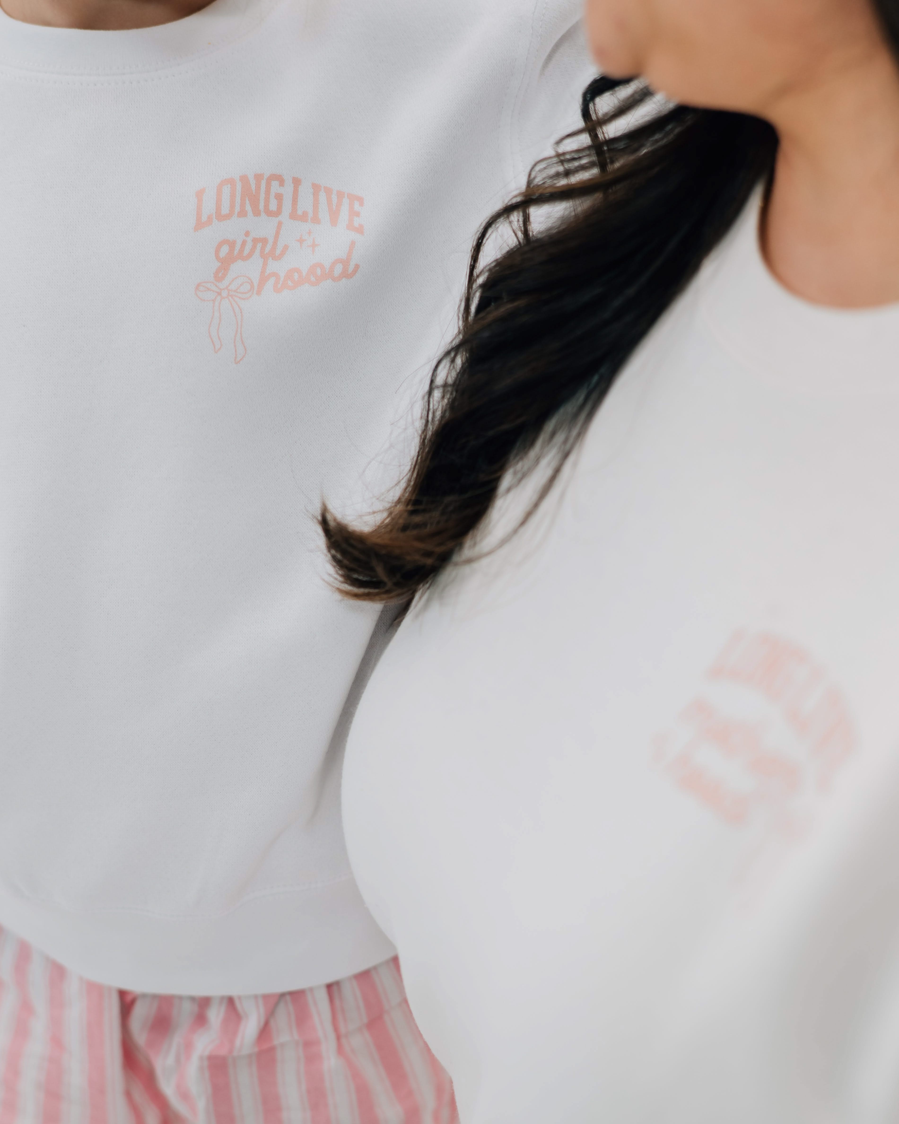 Adult and child sweater in white with "long live" design on front chest, shown on models - Little Mama Shirt Shop
