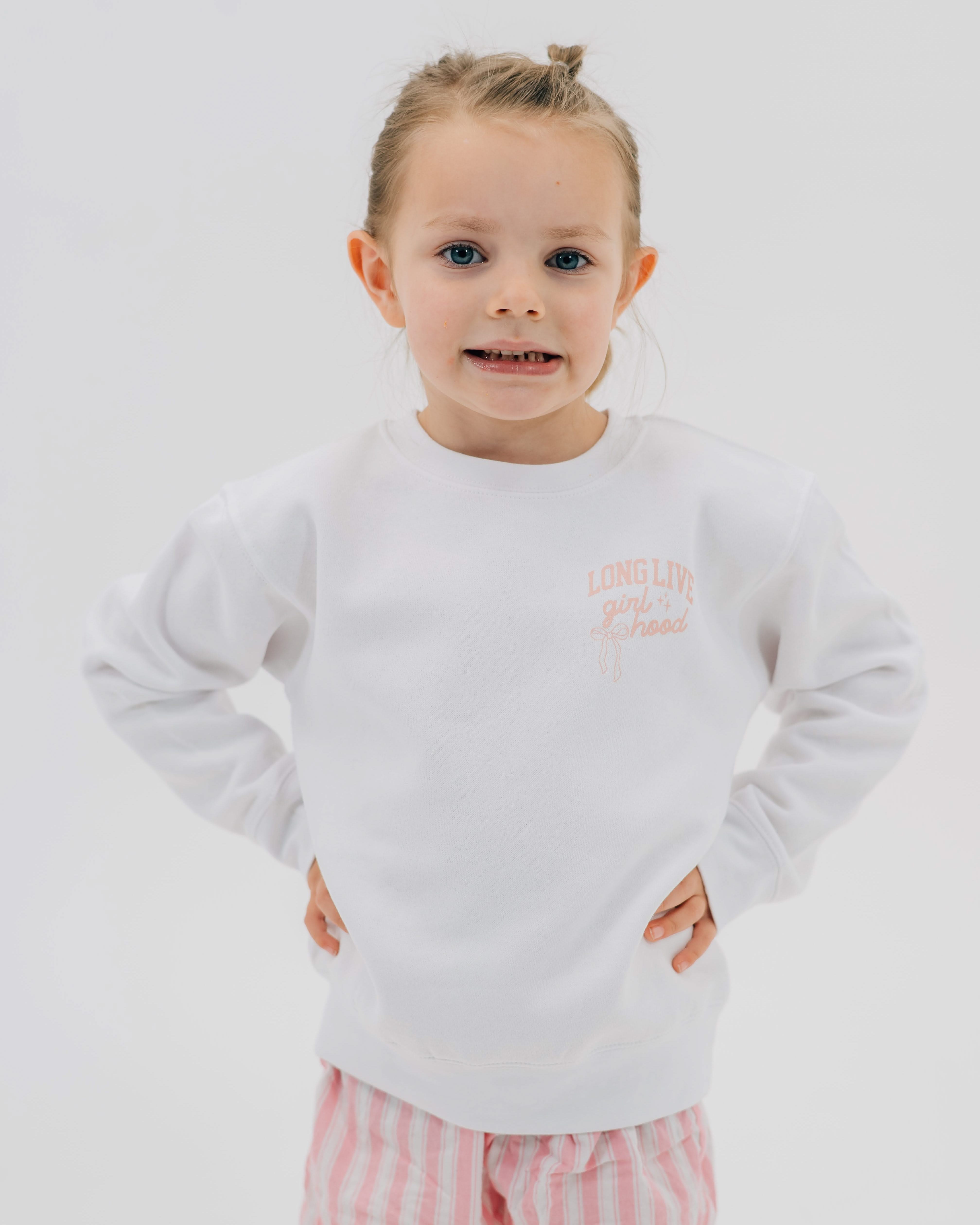 Child sweater in white with "long live" design on front chest, shown on model - Little Mama Shirt Shop