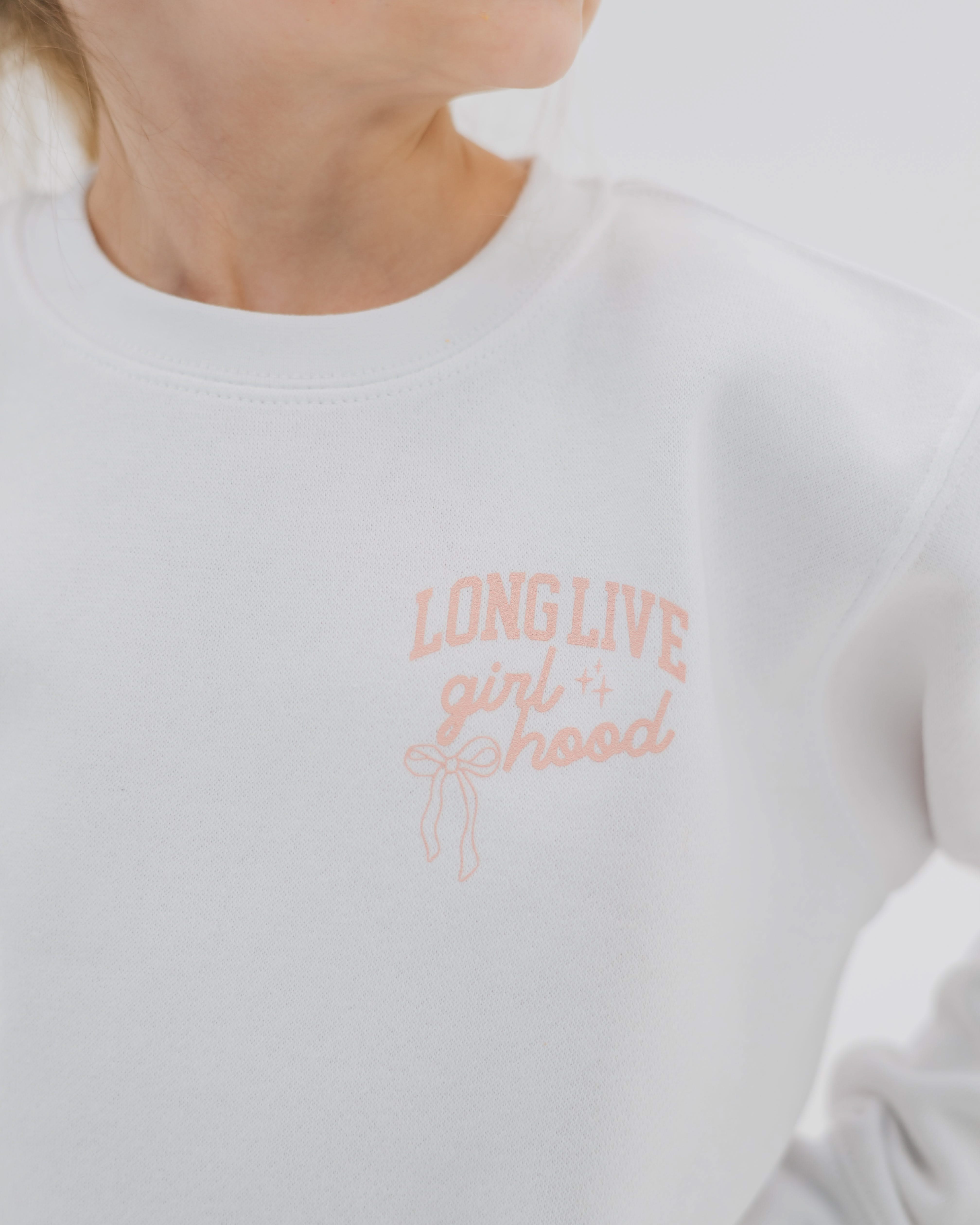 Child sweater in white with "long live" design on front chest, shown on model - Little Mama Shirt Shop