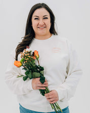 Adult sweater in white with "long live" design on front chest, shown on model - Little Mama Shirt Shop