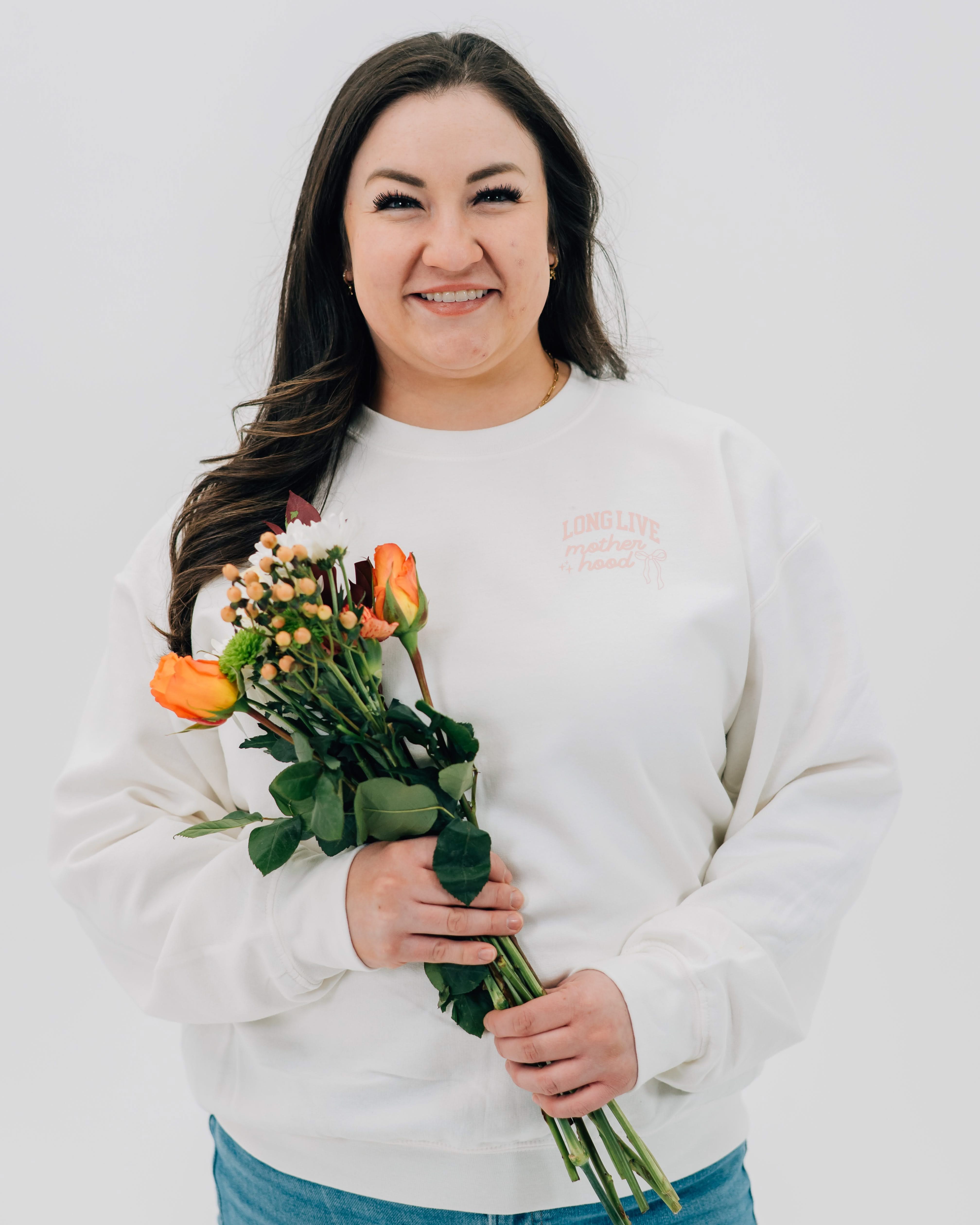 Adult sweater in white with "long live" design on front chest, shown on model - Little Mama Shirt Shop