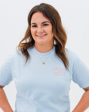Adult tee in chambray with "long live" design on front chest, shown on model - Little Mama Shirt Shop