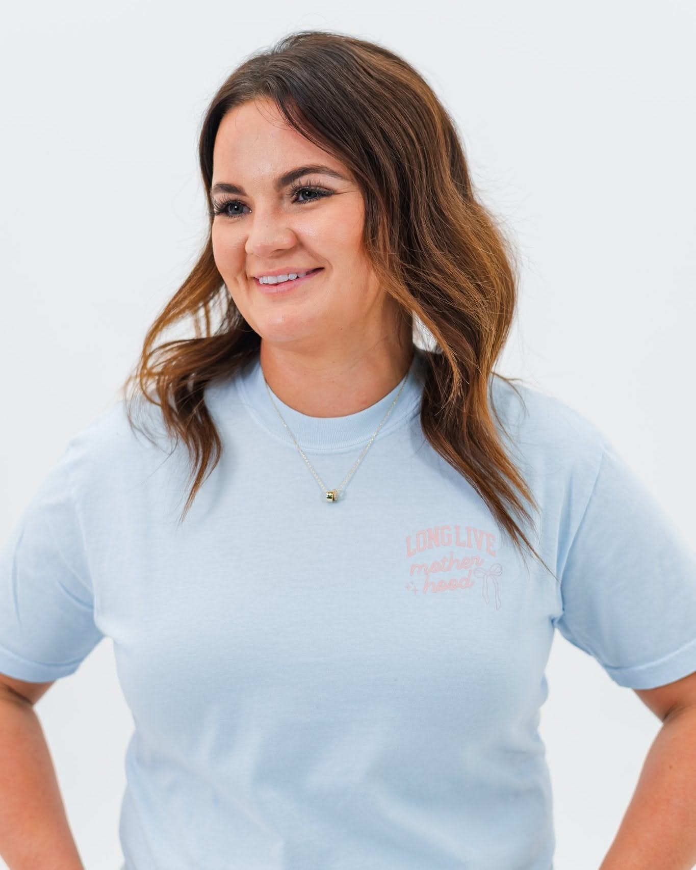 Adult tee in chambray with "long live" design on front chest, shown on model - Little Mama Shirt Shop