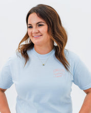 Adult tee in chambray with "long live" design on front chest, shown on model - Little Mama Shirt Shop