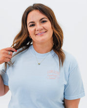 Adult tee in chambray with "long live" design on front chest, shown on model - Little Mama Shirt Shop