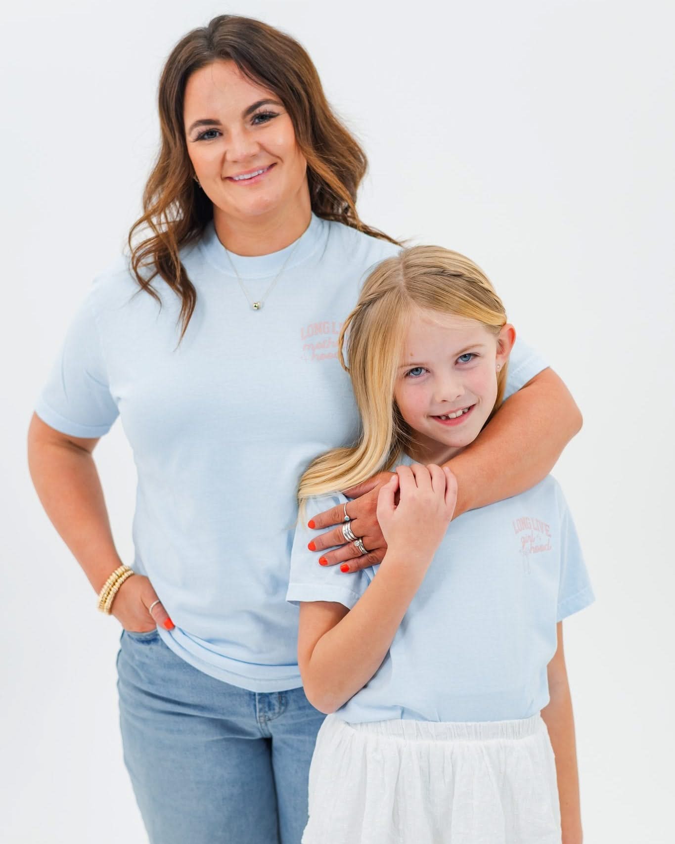 Adult and child tee in chambray with "long live" design on front chest, shown on models - Little Mama Shirt Shop