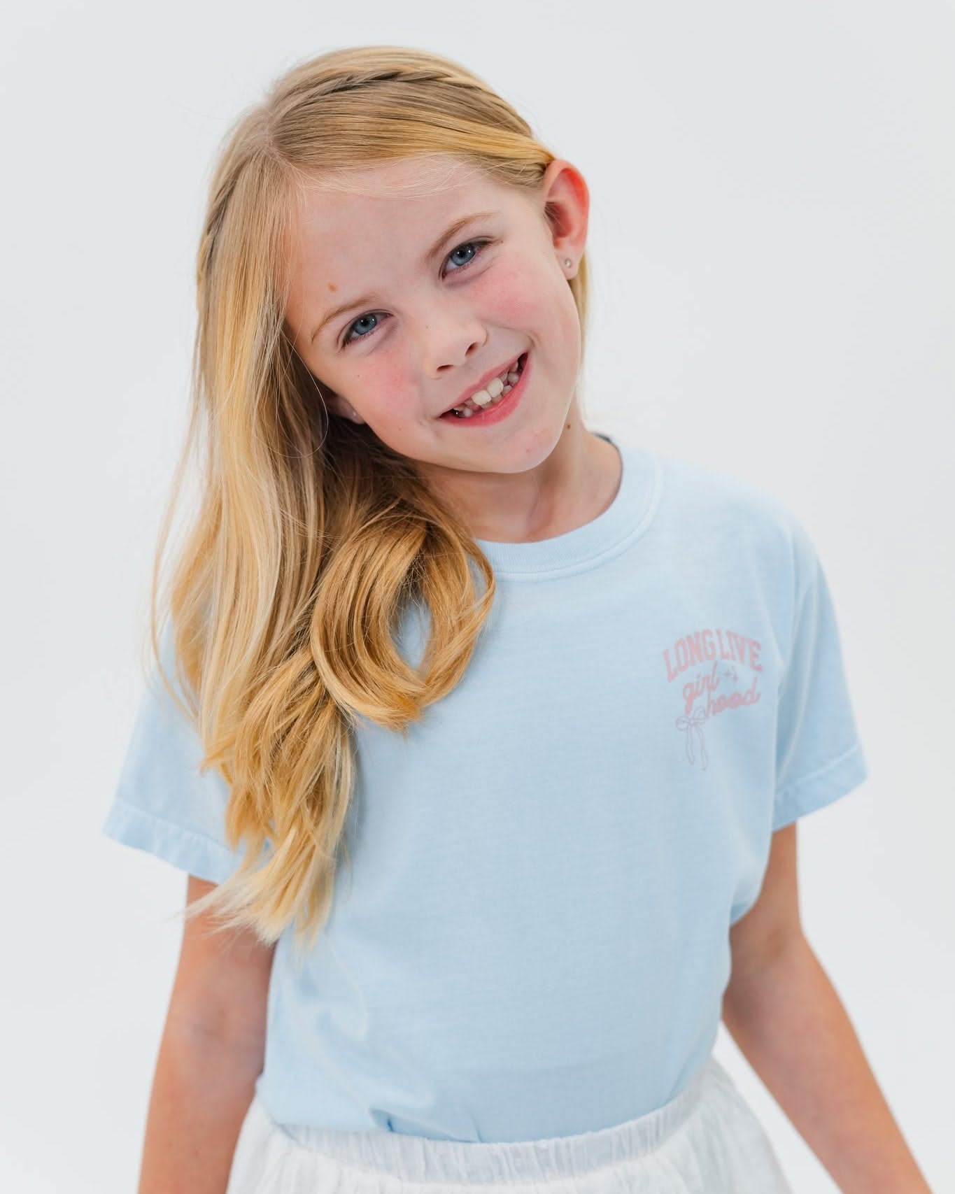 Child tee in chambray with "long live" design on front chest, shown on model - Little Mama Shirt Shop