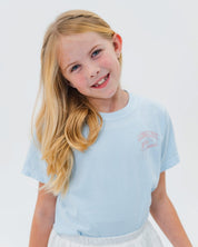 Child tee in chambray with "long live" design on front chest, shown on model - Little Mama Shirt Shop