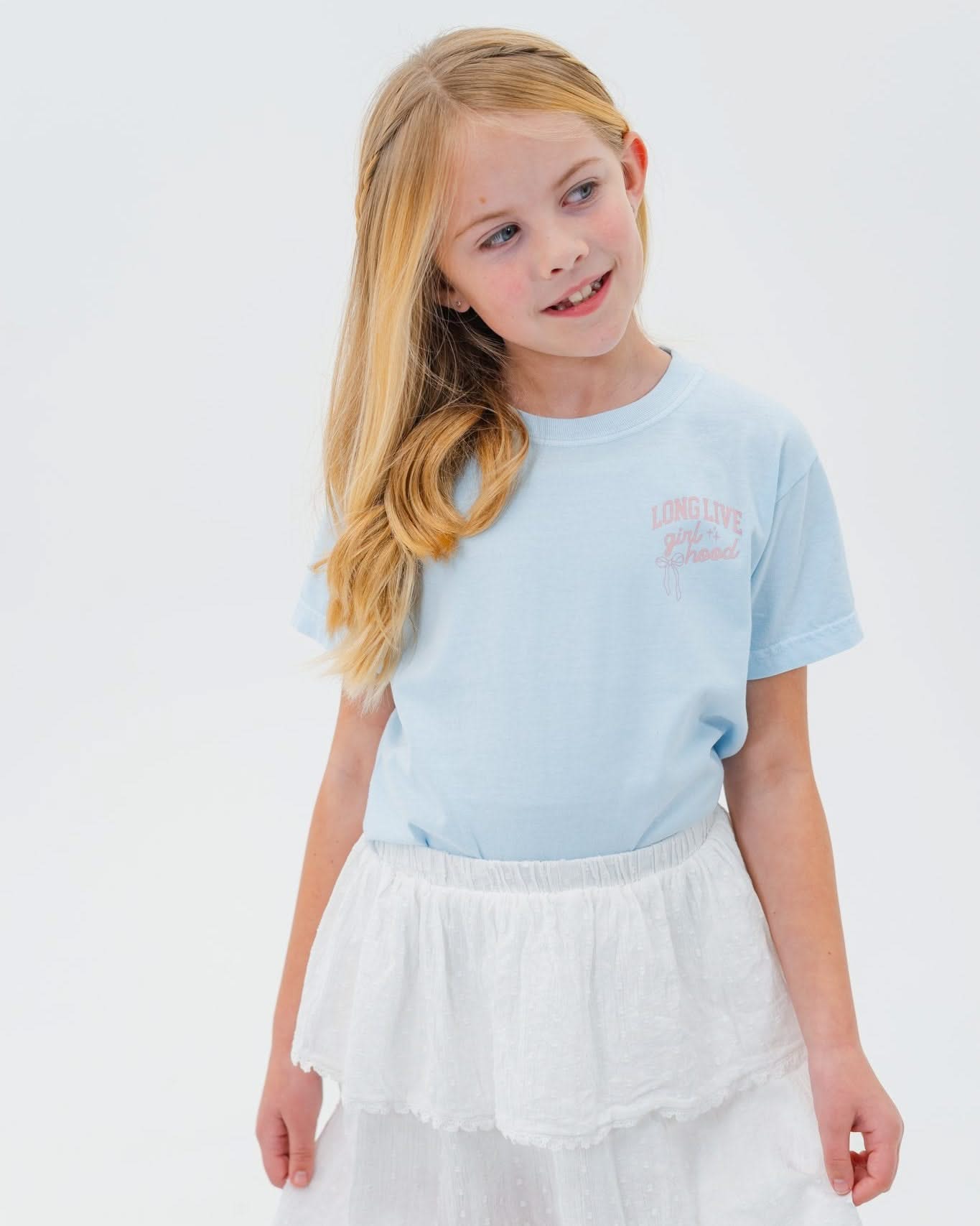 Child tee in chambray with "long live" design on front chest, shown on model - Little Mama Shirt Shop
