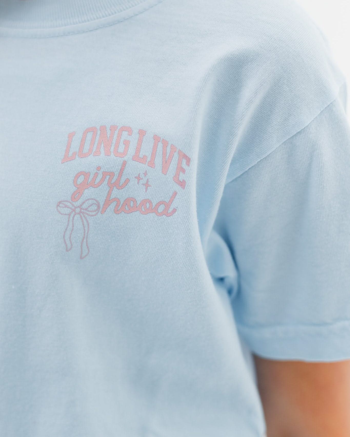 Child tee in chambray with "long live" design on front chest, shown on model - Little Mama Shirt Shop