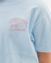 Child tee in chambray with "long live" design on front chest, shown on model - Little Mama Shirt Shop