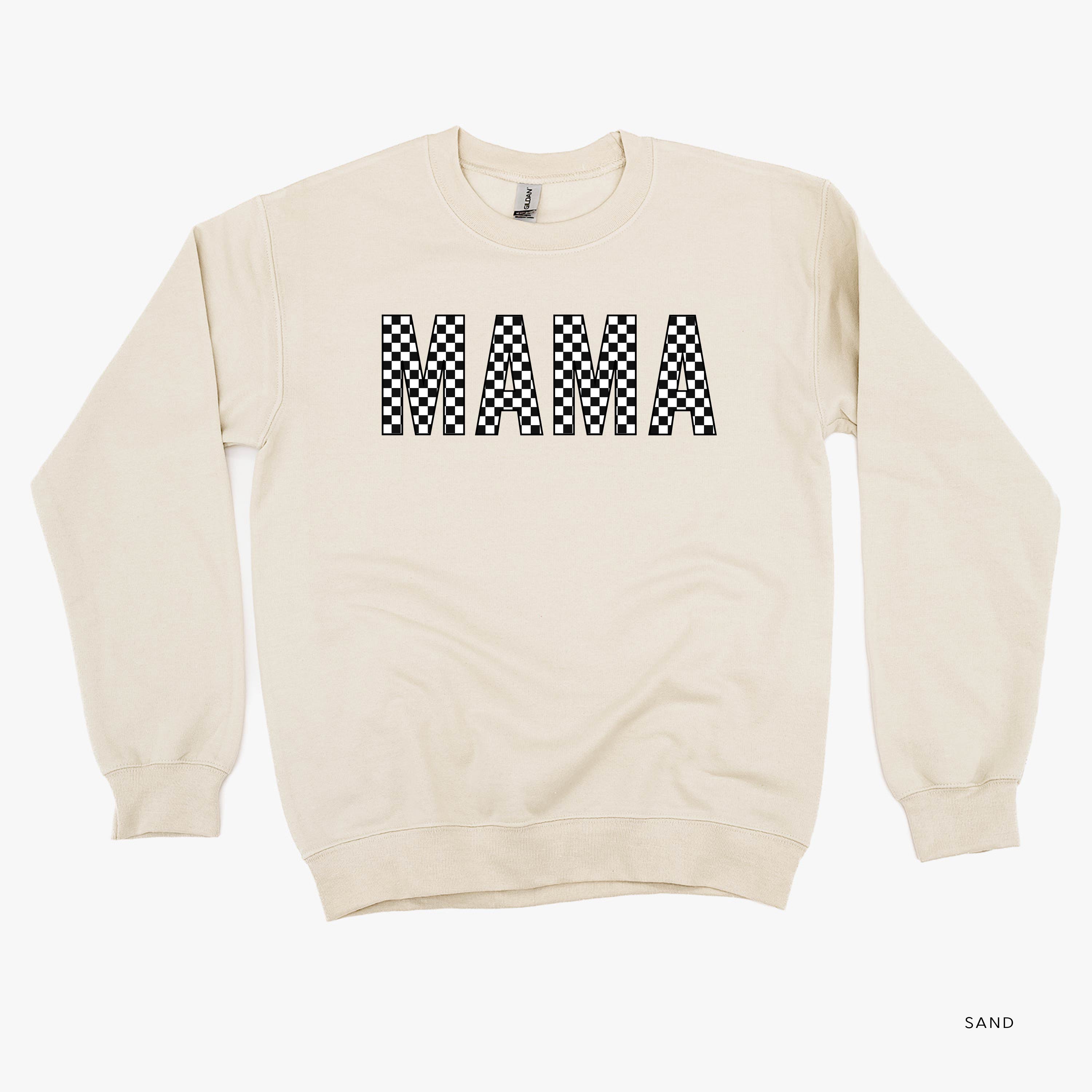Block Font Checkers - MAMA - BASIC FLEECE CREWNECK Little Mama Shirt Shop LLC
