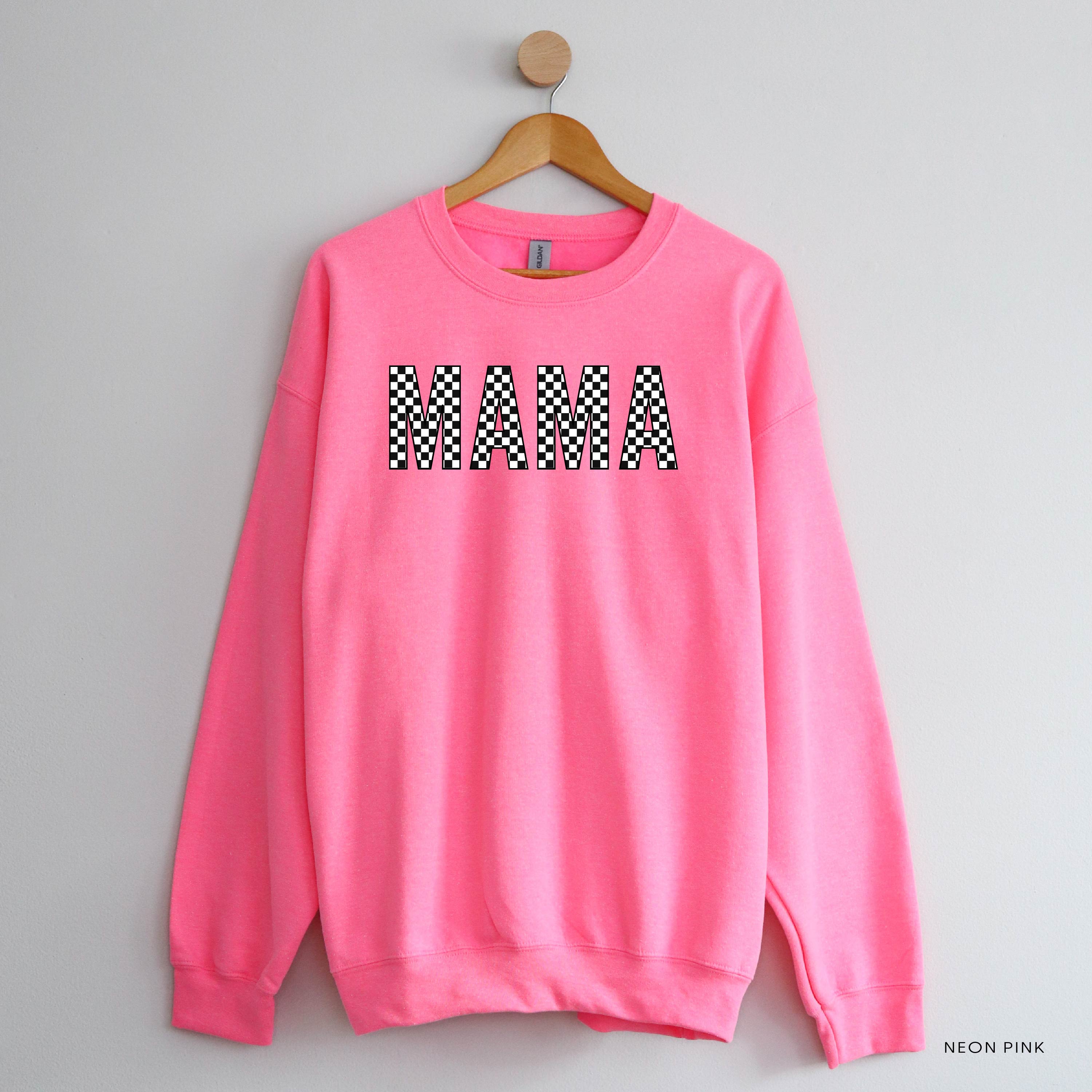 Block Font Checkers - MAMA - BASIC FLEECE CREWNECK Little Mama Shirt Shop LLC